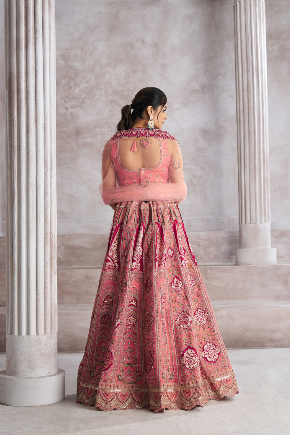 Pink Aari Embroidered Banarasi Wedding Lehenga - qivii