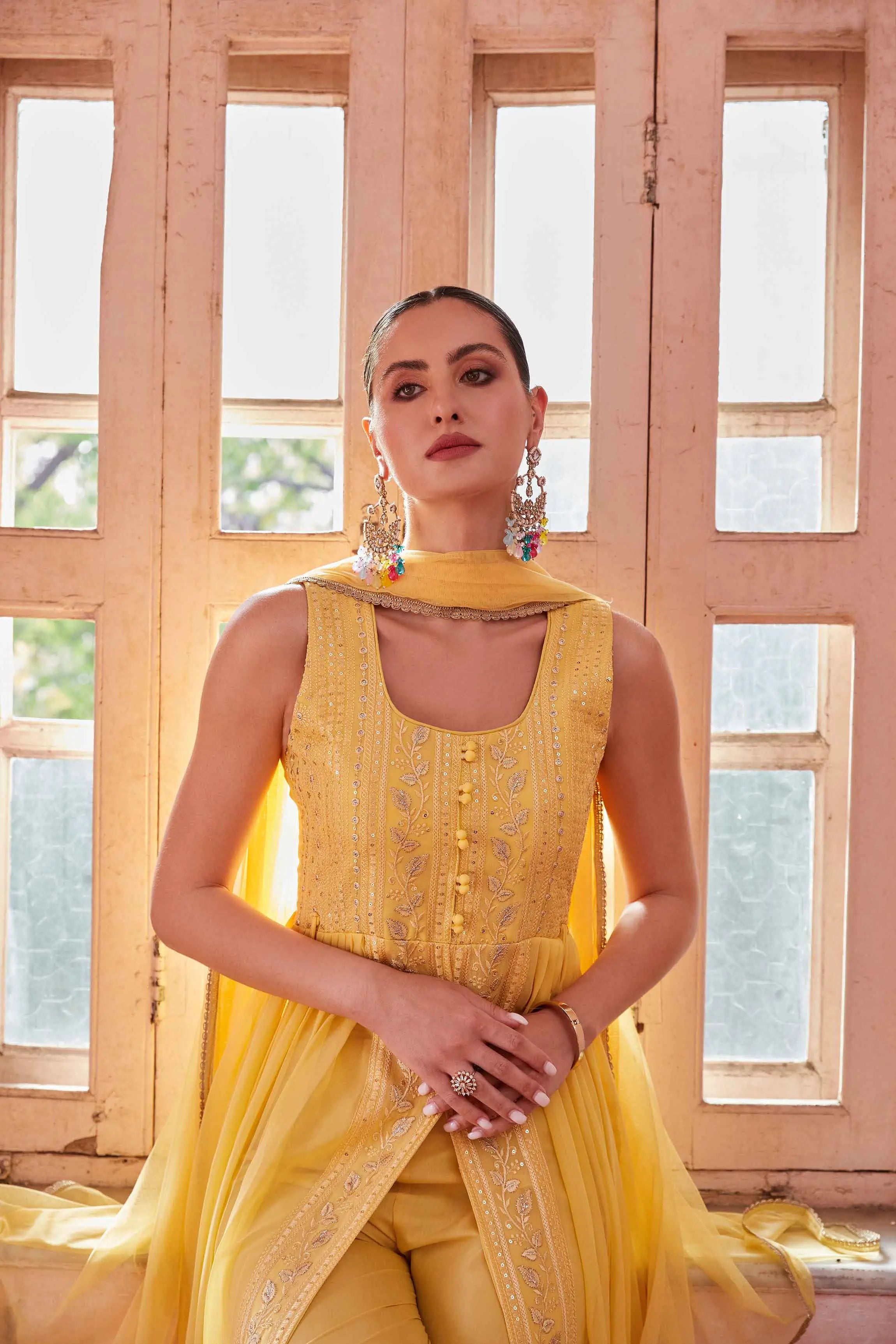 Yellow Embellished With Thread Sequins Embroidery Work Indo Western With Dupatta - qivii