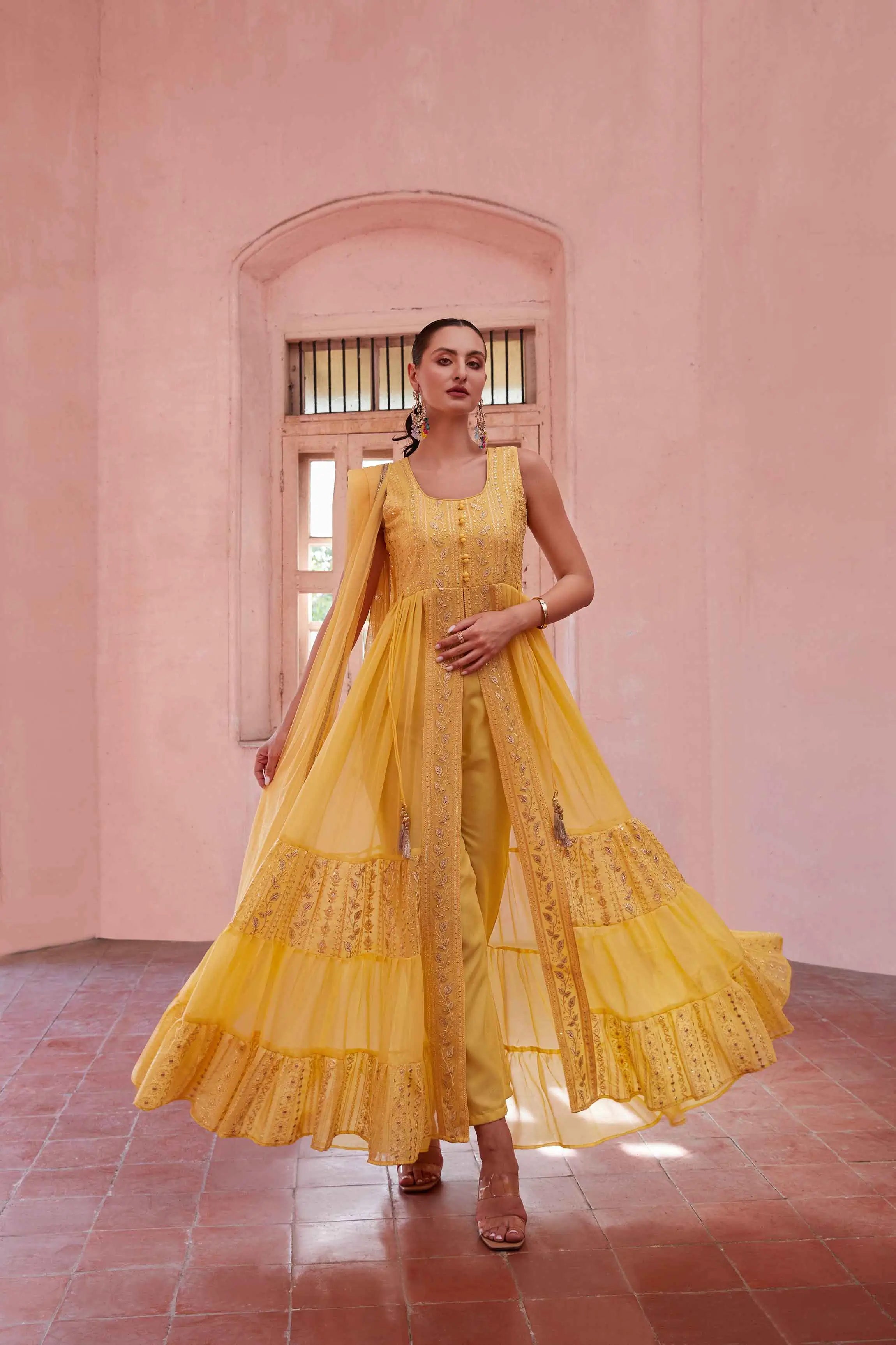 Yellow Embellished With Thread Sequins Embroidery Work Indo Western With Dupatta - qivii
