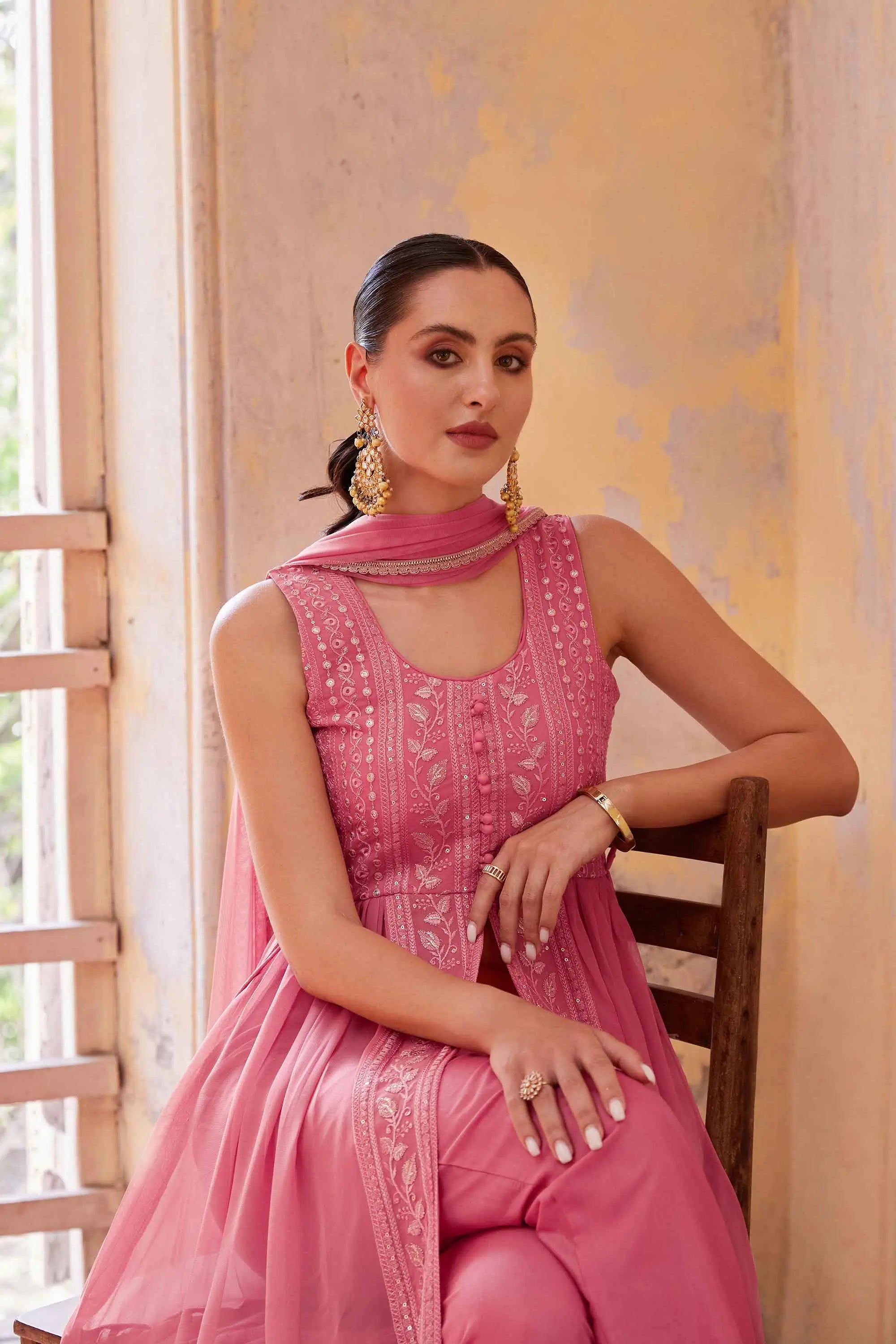 Gajri Pink Embellished With Thread Sequins Embroidery Work Indo Western With Dupatta - qivii