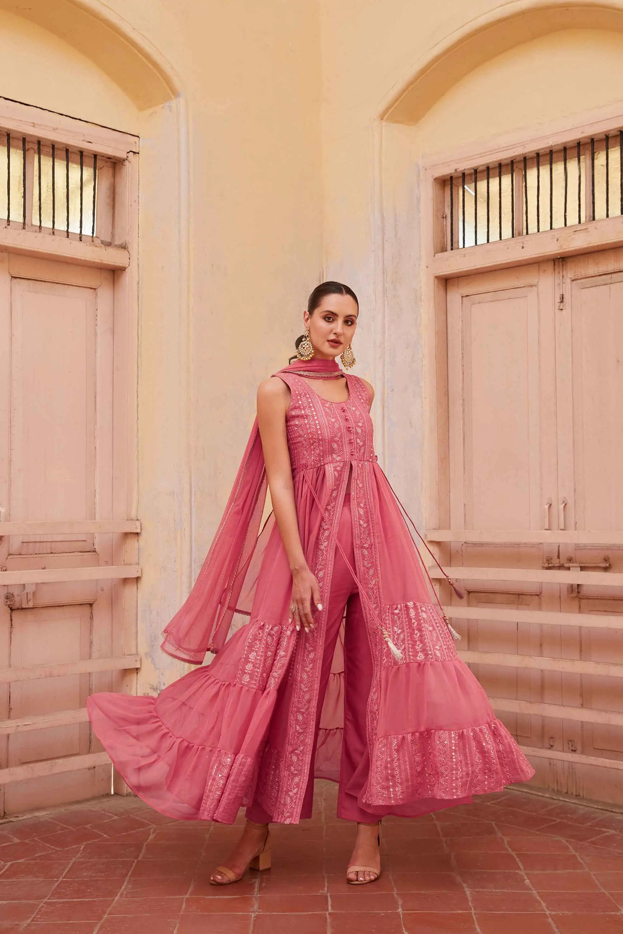 Gajri Pink Embellished With Thread Sequins Embroidery Work Indo Western With Dupatta - qivii