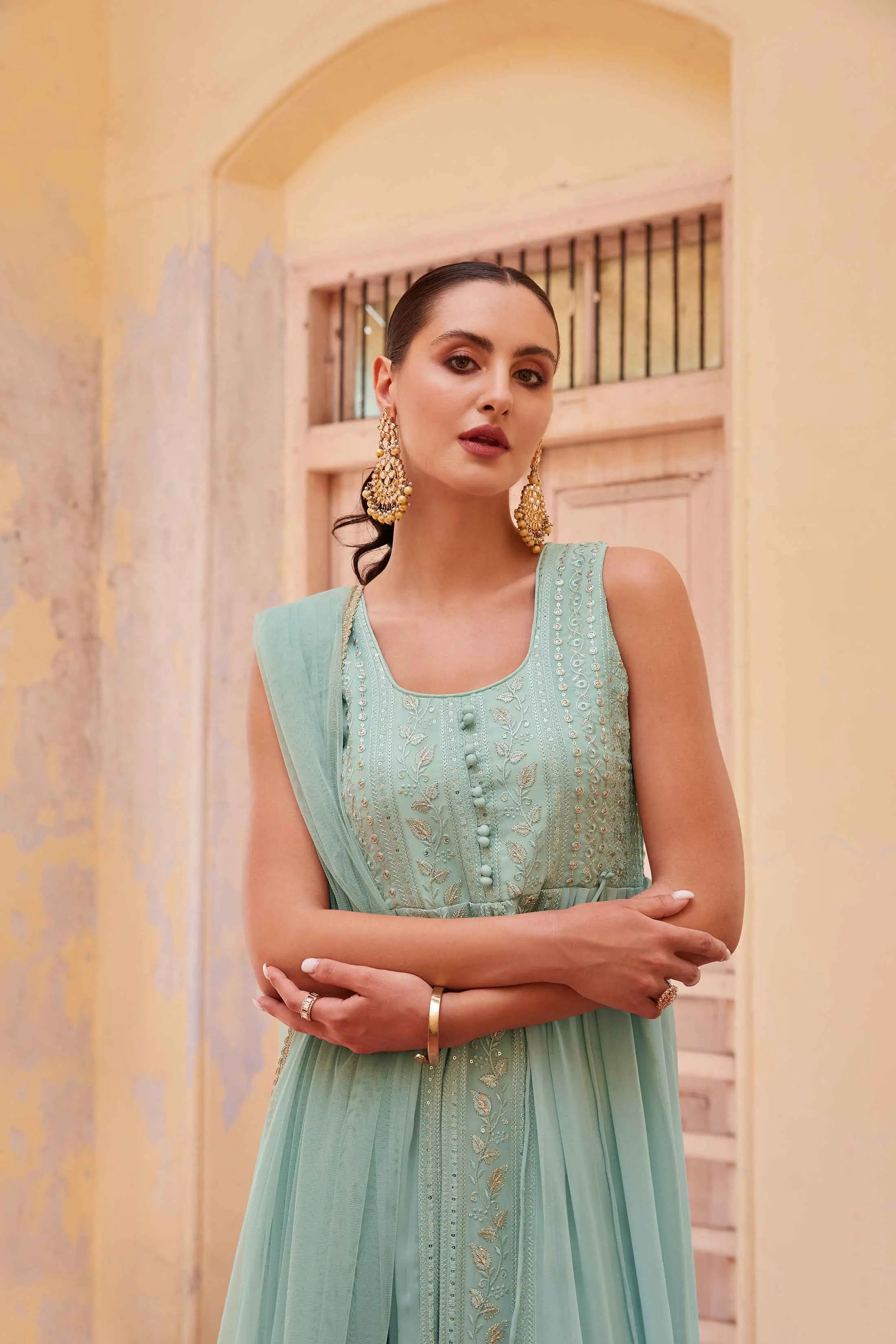 Firozi Embellished With Thread Sequins Embroidery Work Indo Western With Dupatta - qivii