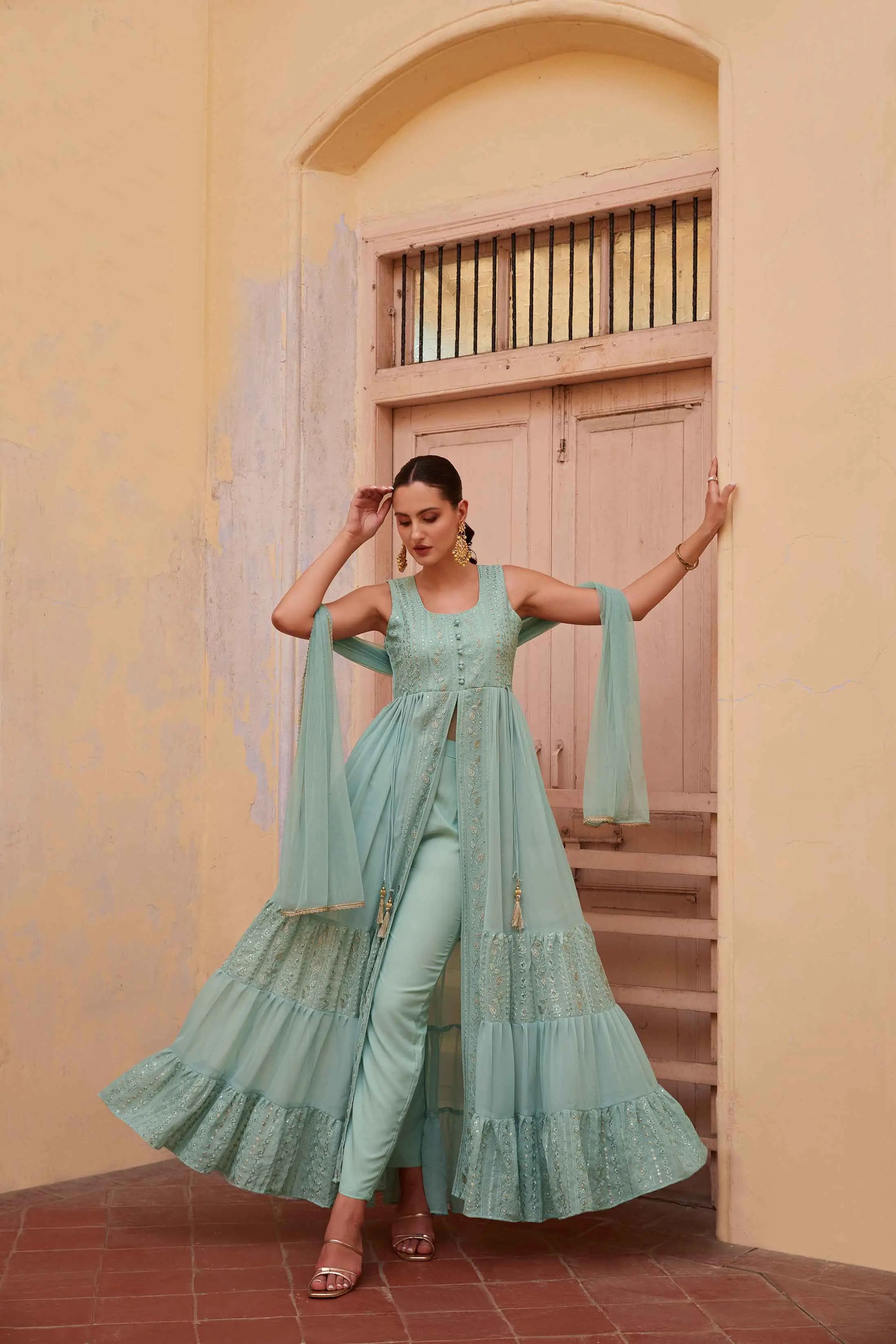 Firozi Embellished With Thread Sequins Embroidery Work Indo Western With Dupatta - qivii