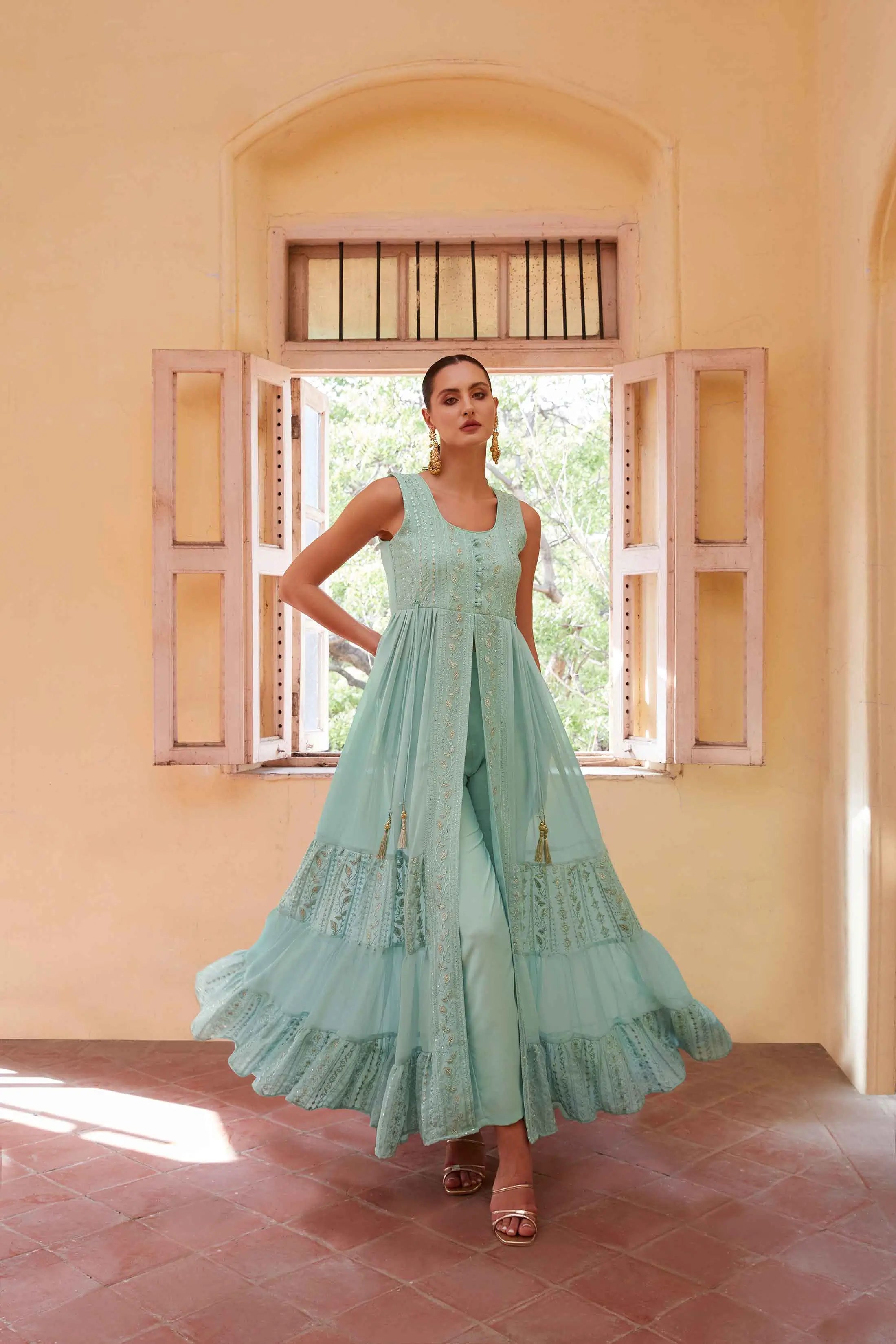 Firozi Embellished With Thread Sequins Embroidery Work Indo Western With Dupatta