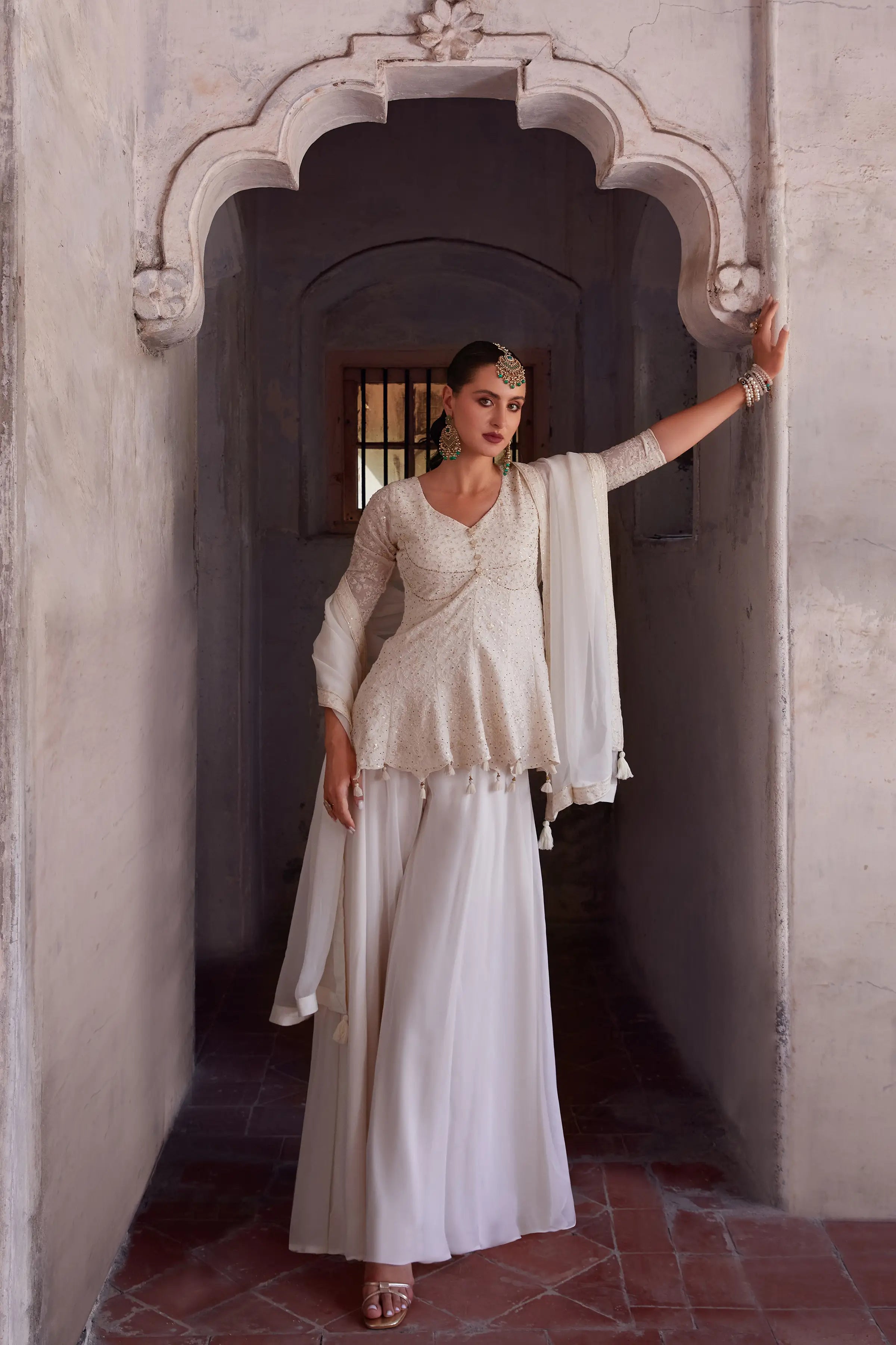 Off White Thread Sequins Embroidery Work Georgette Indo Western With Dupatta - qivii