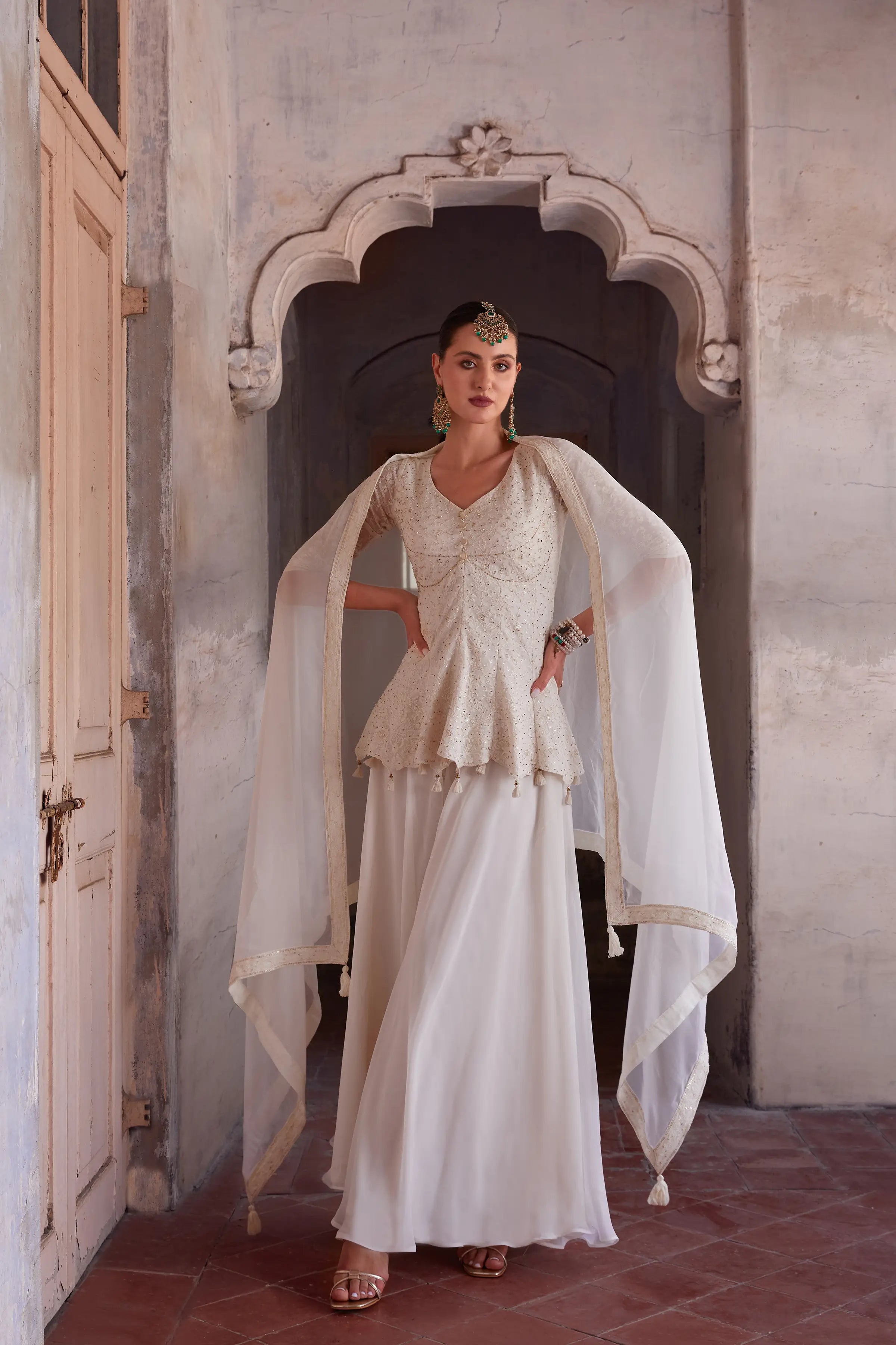 Off White Thread Sequins Embroidery Work Georgette Indo Western With Dupatta - qivii