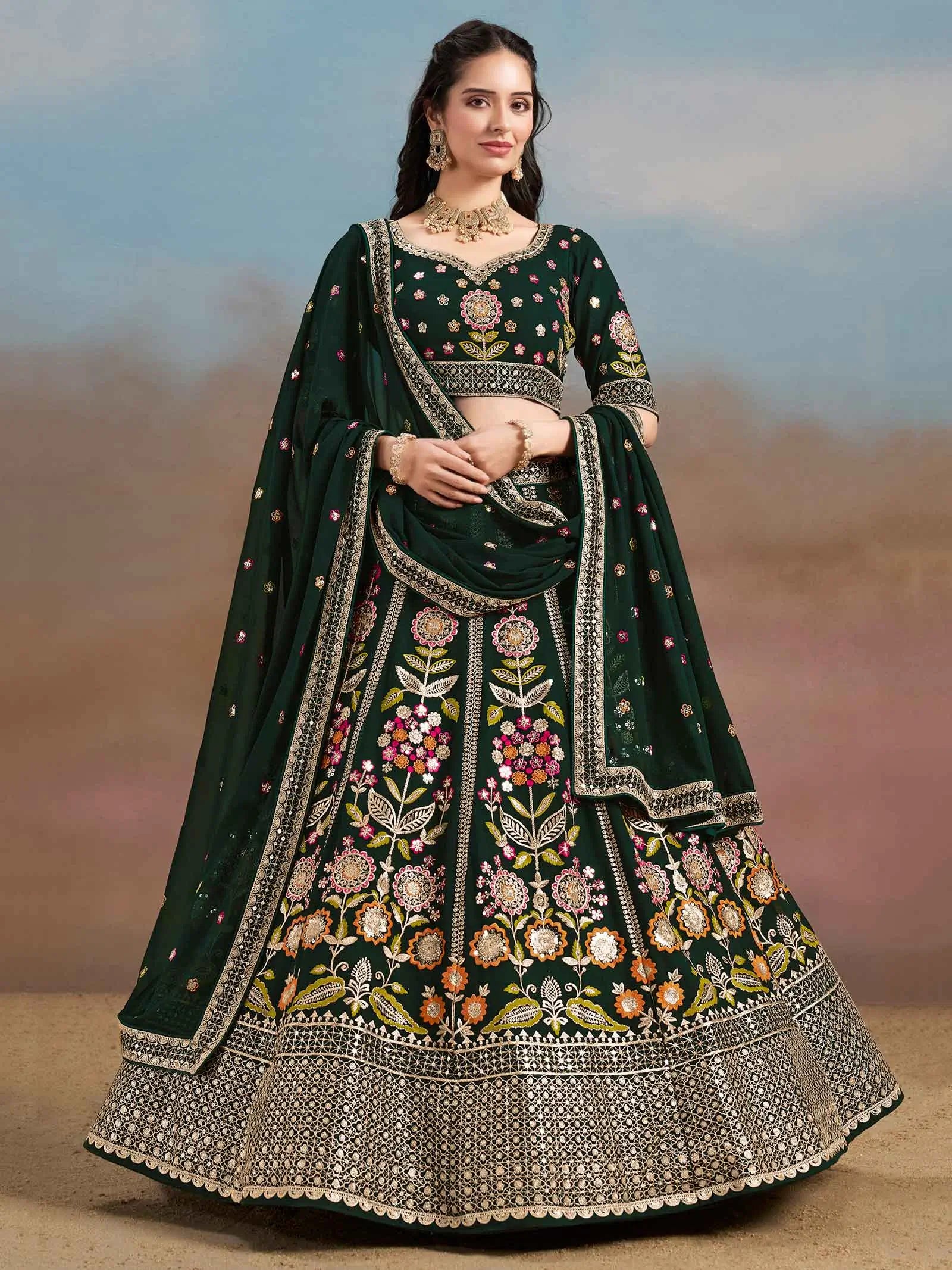 Dark Green Georgette Lehenga With Dori Zari Thread & Sequins Embroidery Work - qivii