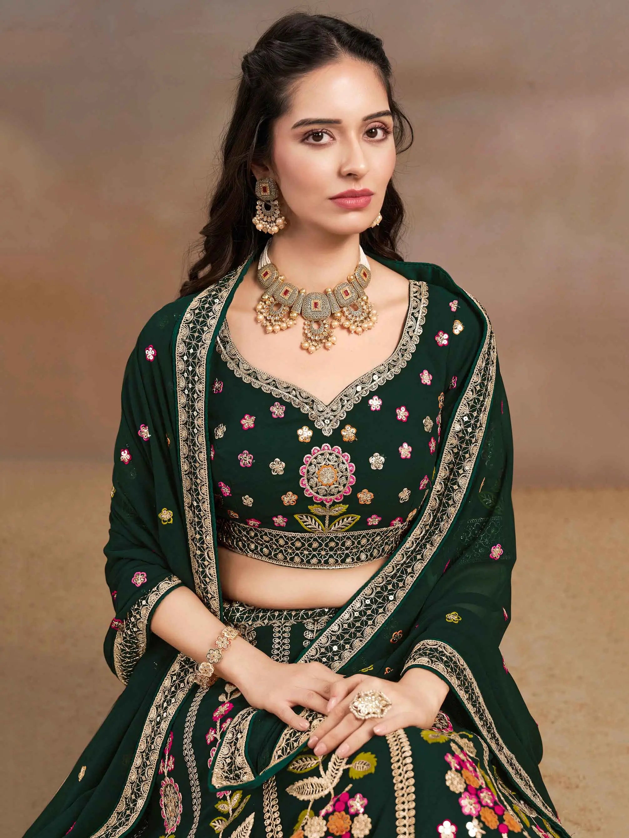 Dark Green Georgette Lehenga With Dori Zari Thread & Sequins Embroidery Work - qivii