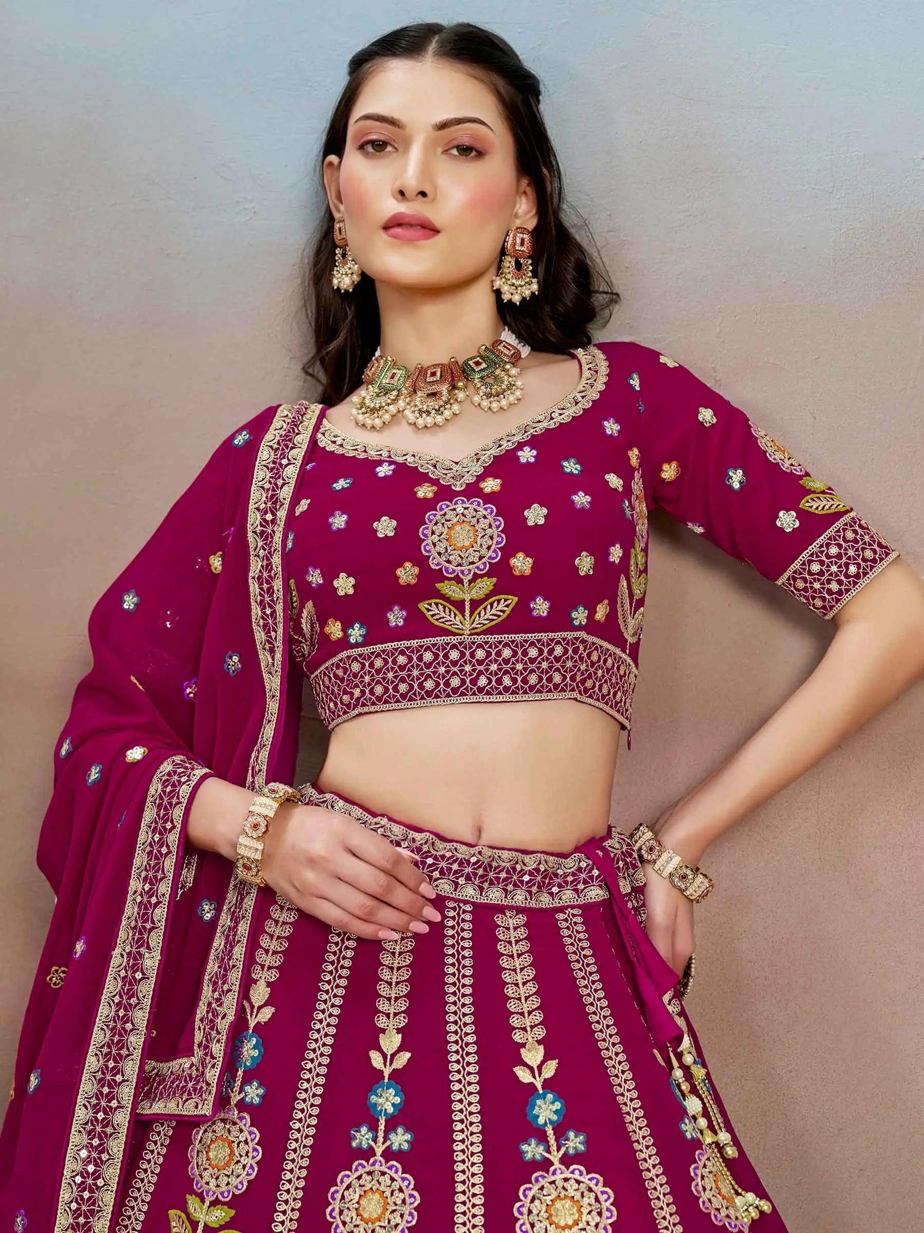 Pink Georgette Lehenga With Dori Zari Thread & Sequins Embroidery Work - qivii