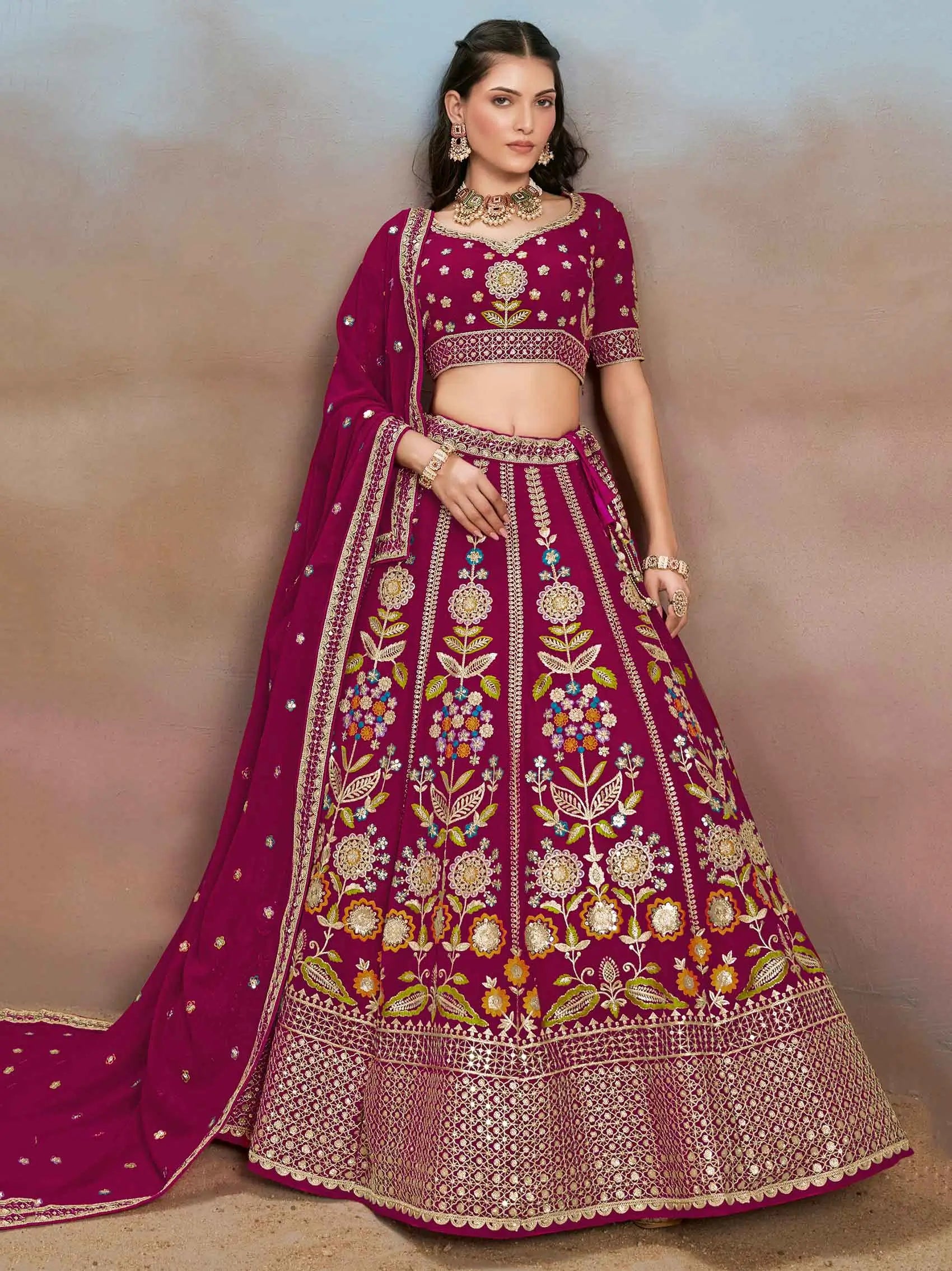 Pink Georgette Lehenga With Dori Zari Thread & Sequins Embroidery Work - qivii