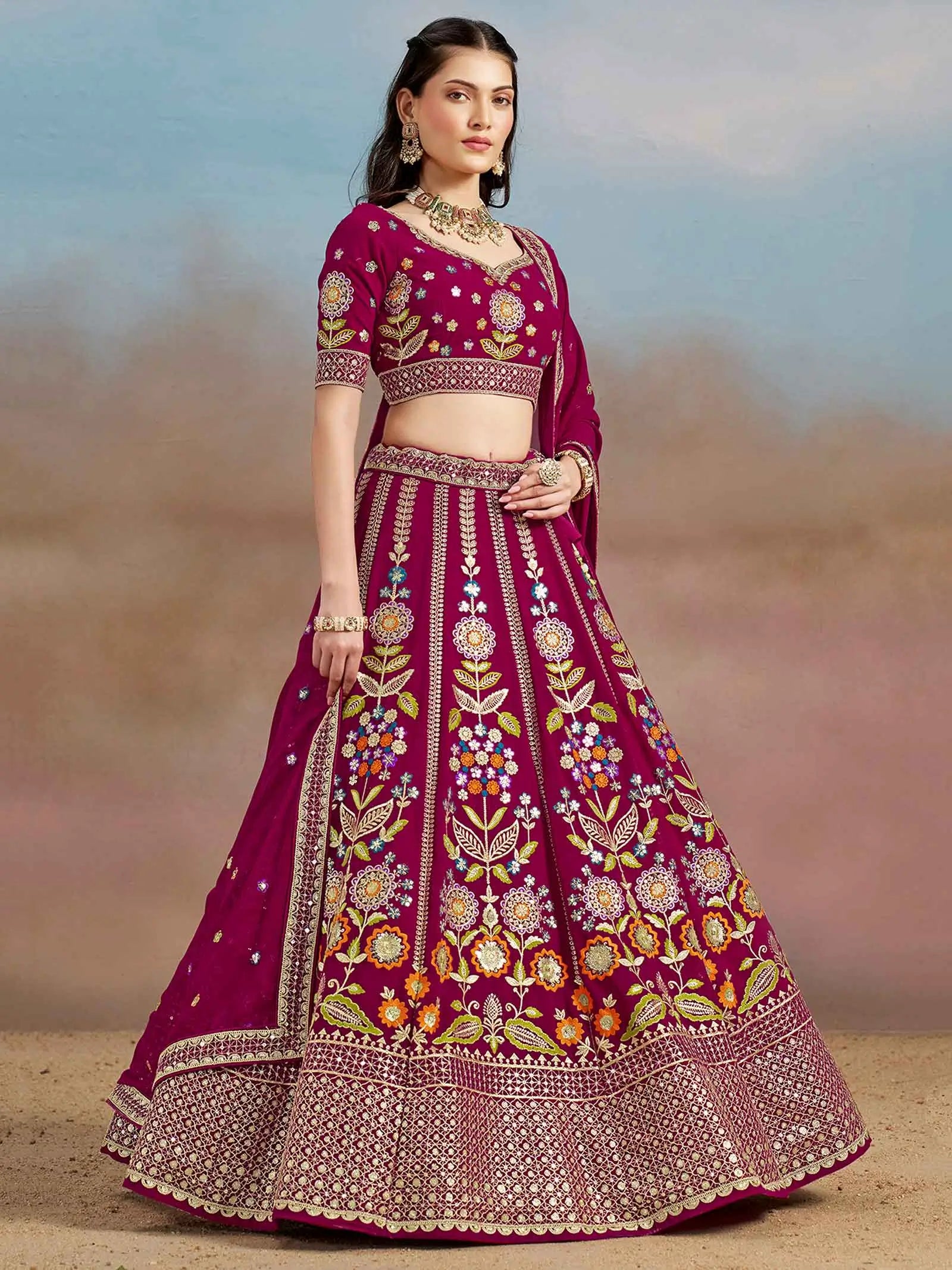 Pink Georgette Lehenga With Dori Zari Thread & Sequins Embroidery Work - qivii