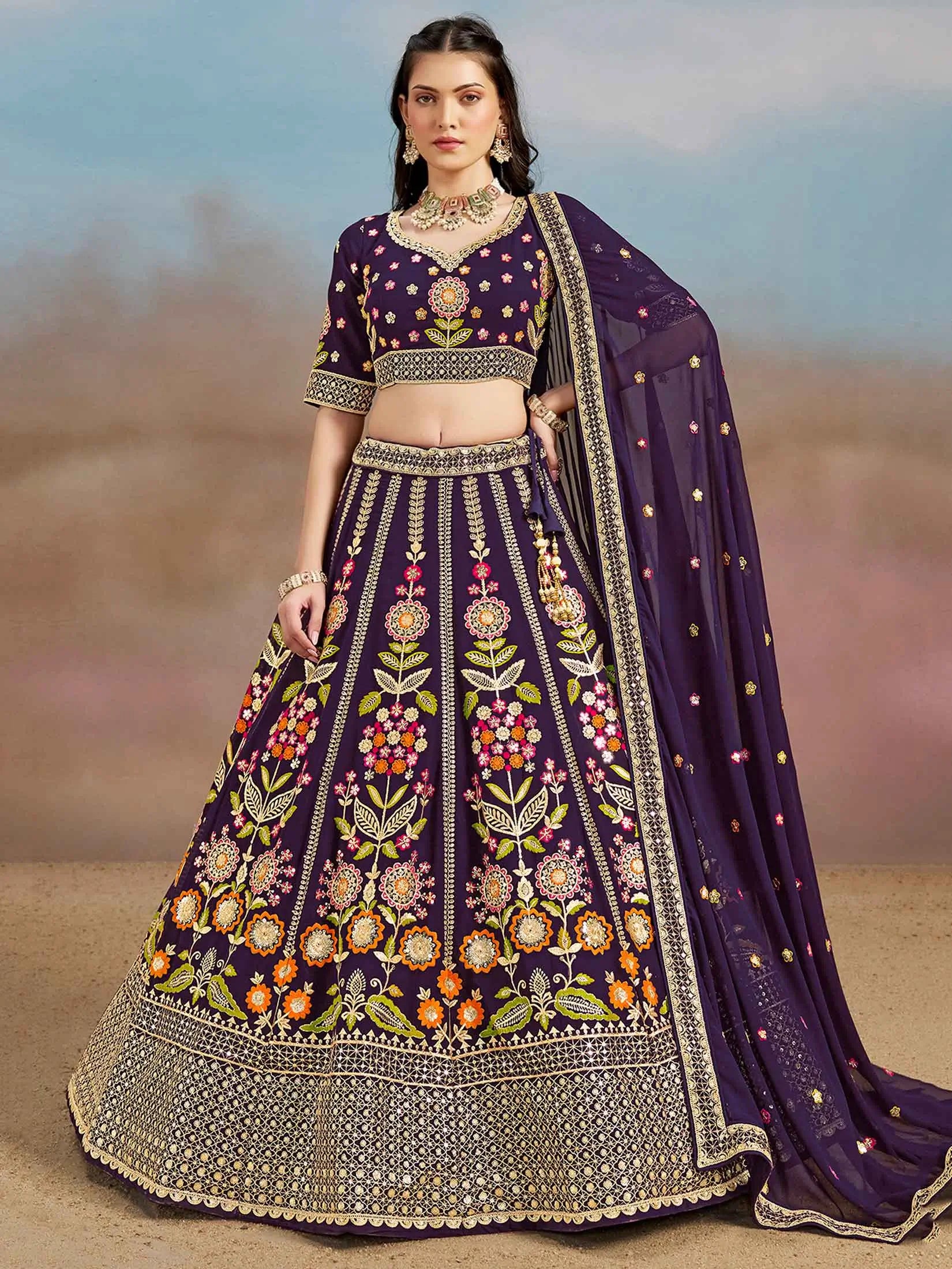 Purple Georgette Lehenga With Dori Zari Thread & Sequins Embroidery Work - qivii