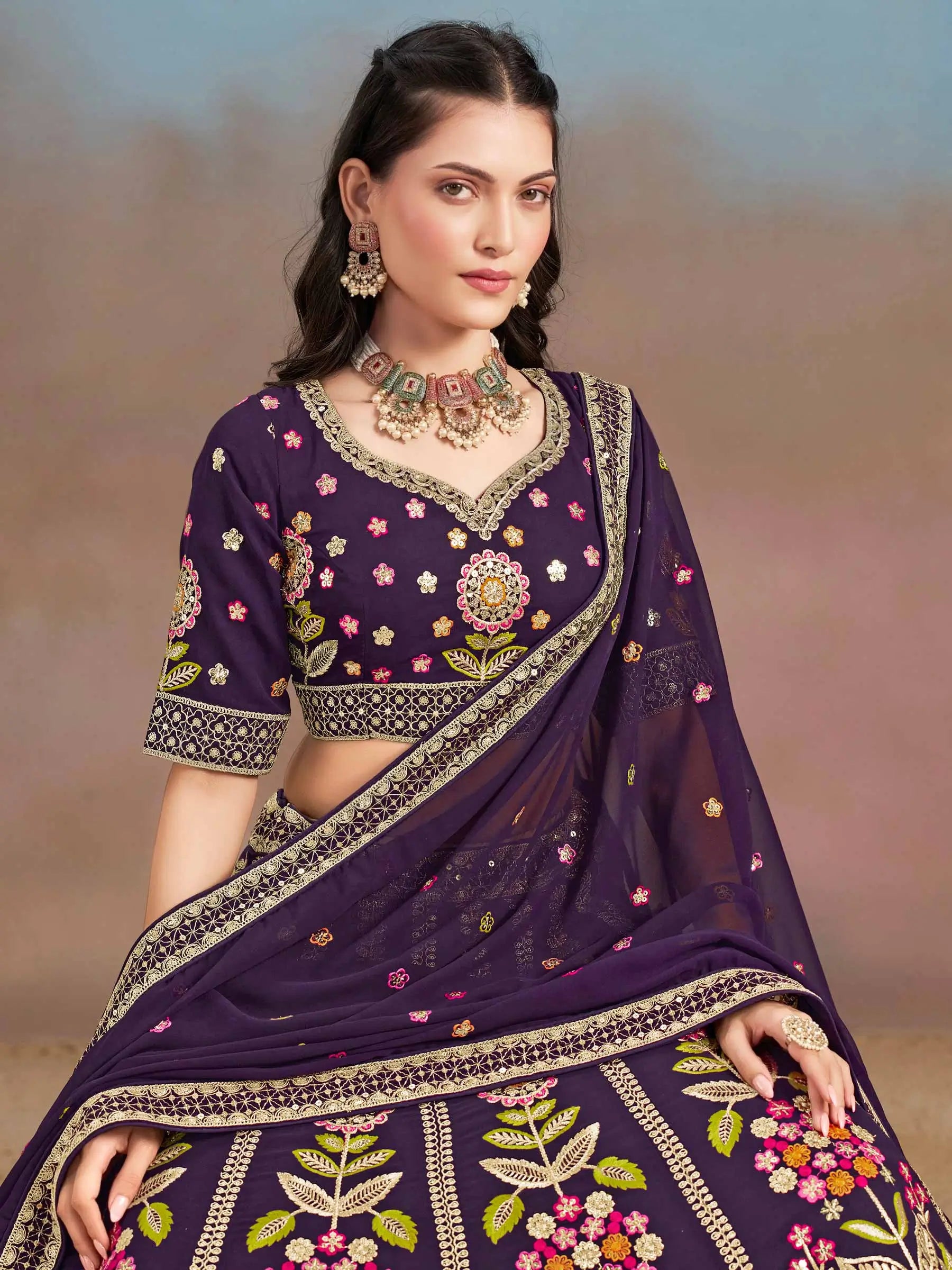 Purple Georgette Lehenga With Dori Zari Thread & Sequins Embroidery Work - qivii