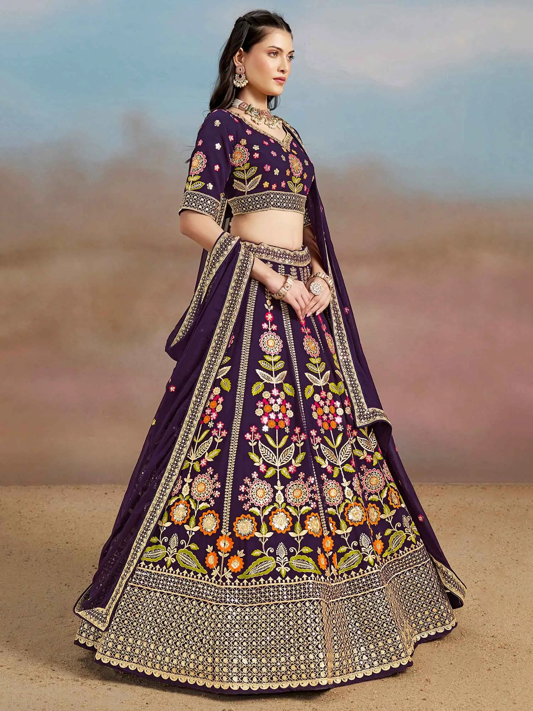 Purple Georgette Lehenga With Dori Zari Thread & Sequins Embroidery Work - qivii