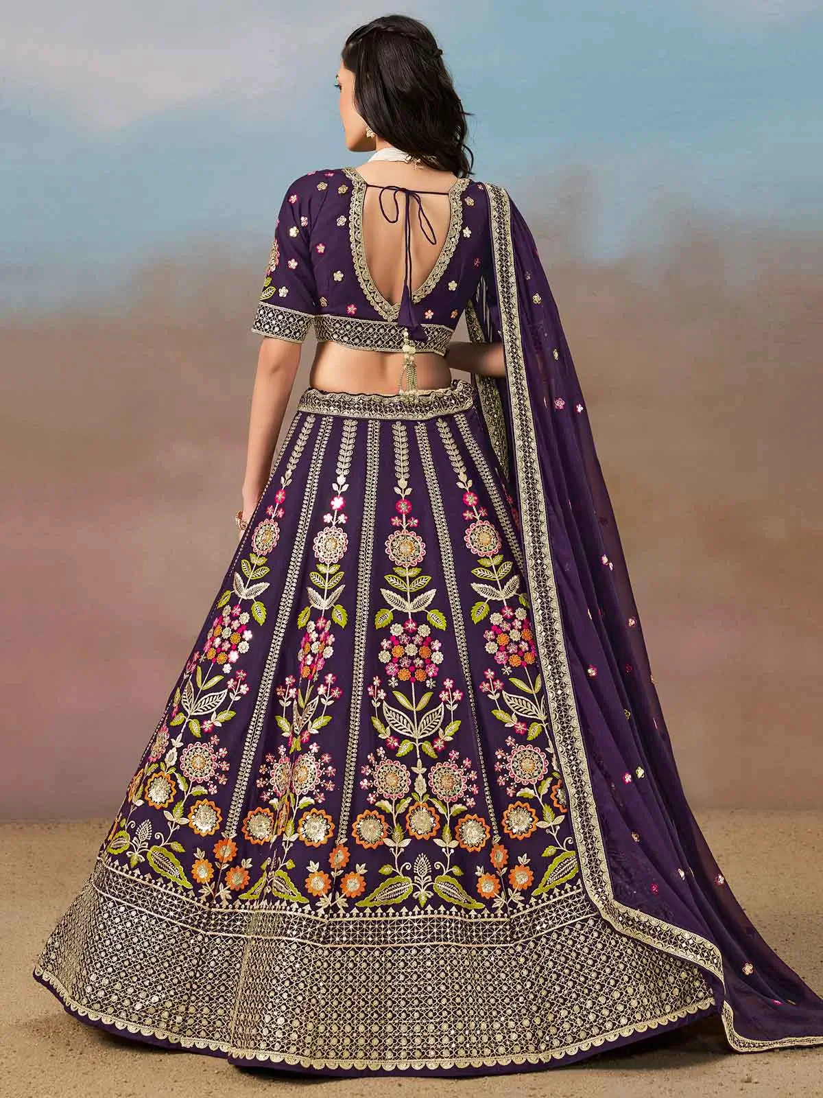 Purple Georgette Lehenga With Dori Zari Thread & Sequins Embroidery Work - qivii