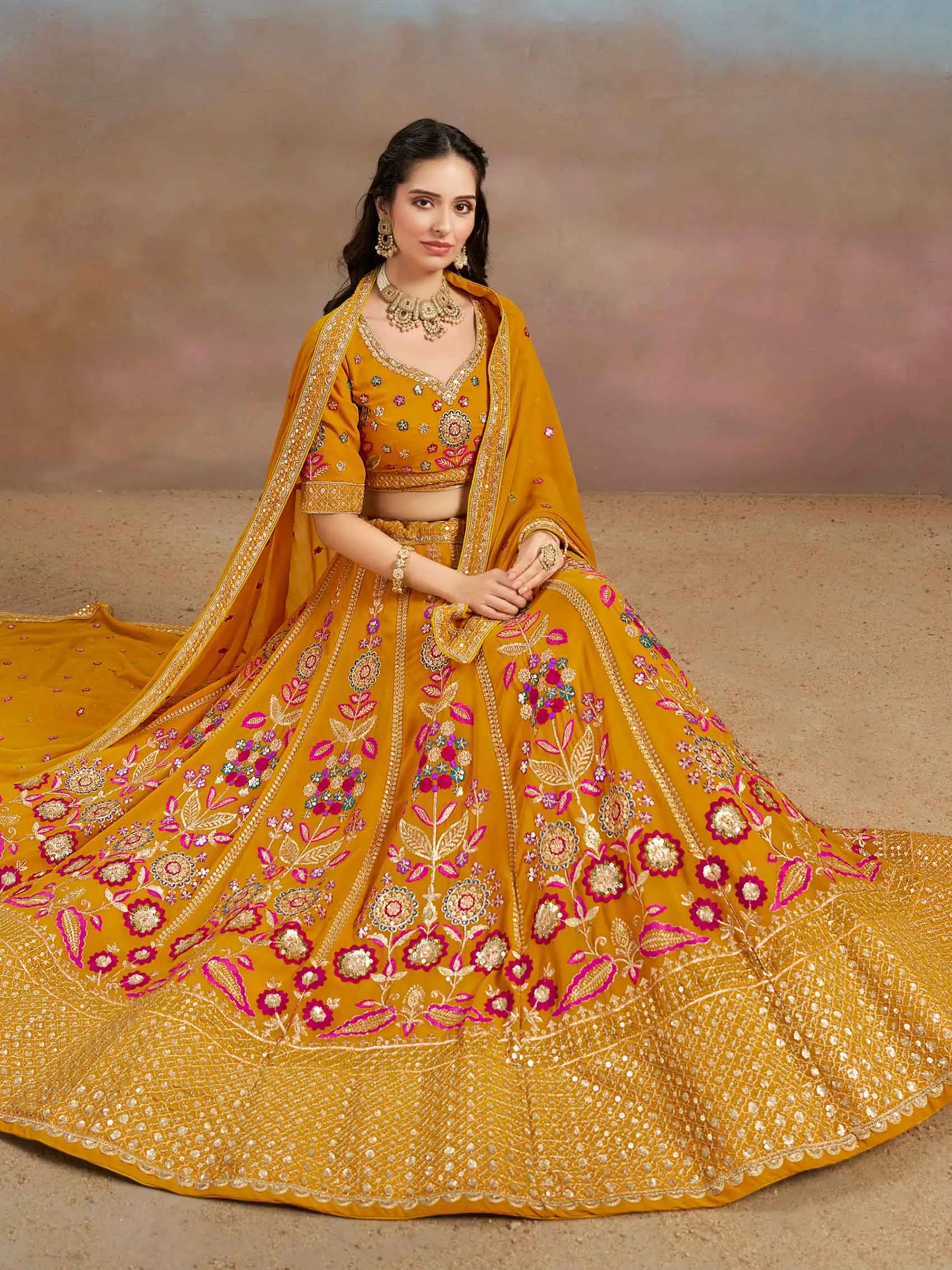 Yellow Georgette Lehenga With Dori Zari Thread & Sequins Embroidery Work - qivii