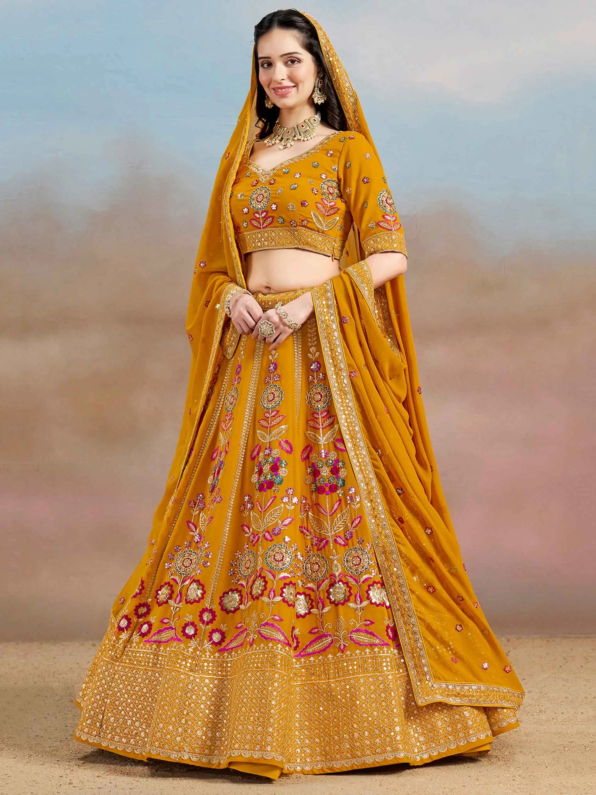 Yellow Georgette Lehenga With Dori Zari Thread & Sequins Embroidery Work - qivii