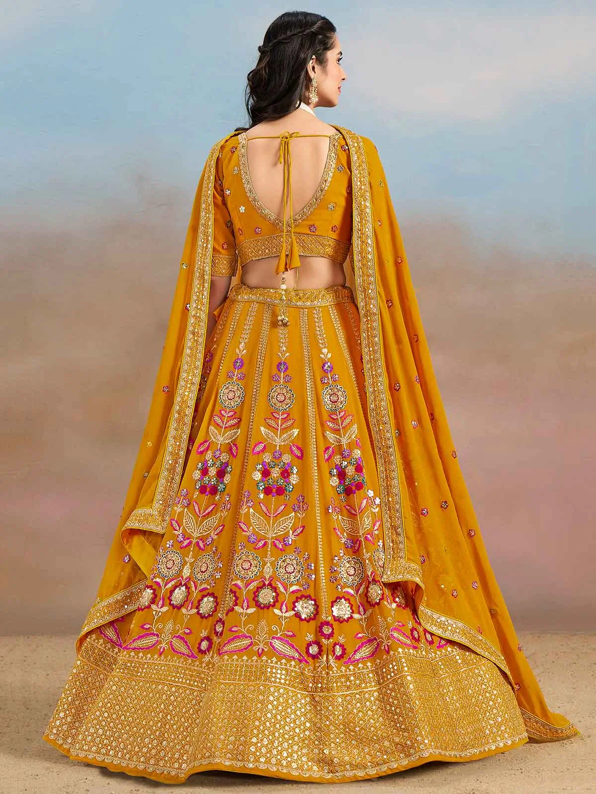 Yellow Georgette Lehenga With Dori Zari Thread & Sequins Embroidery Work - qivii