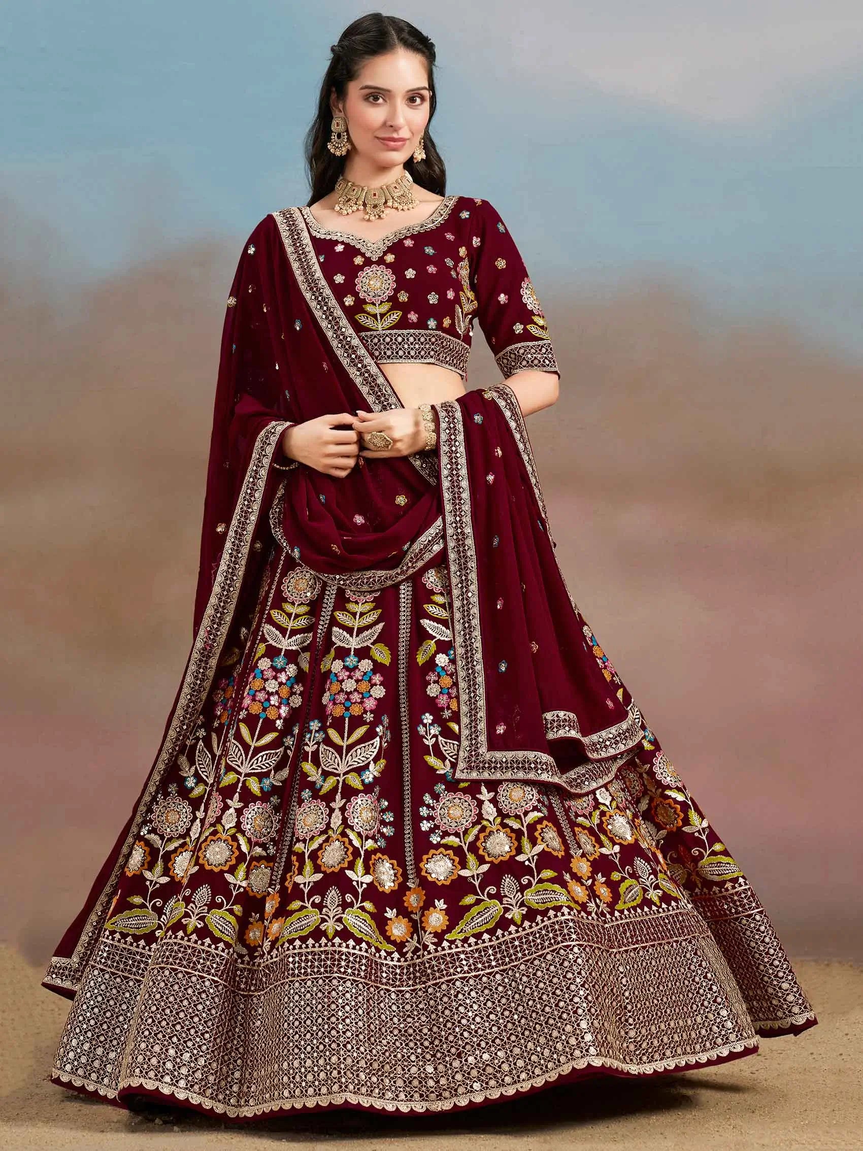 Maroon Georgette Lehenga With Dori Zari Thread & Sequins Embroidery Work - qivii