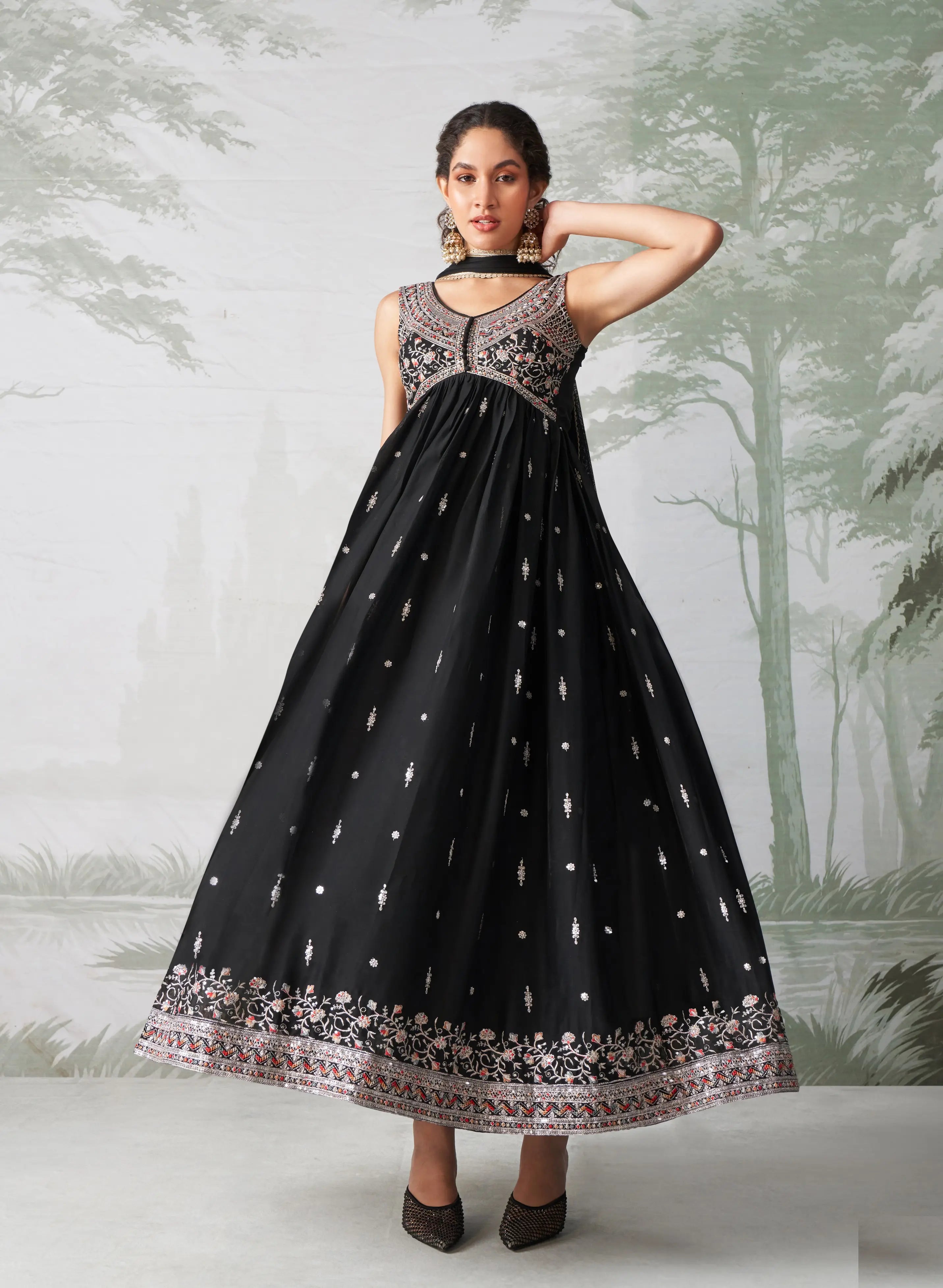 Black Multi Thread Embroidered Georgette Anarkali Gown With Dupatta - qivii