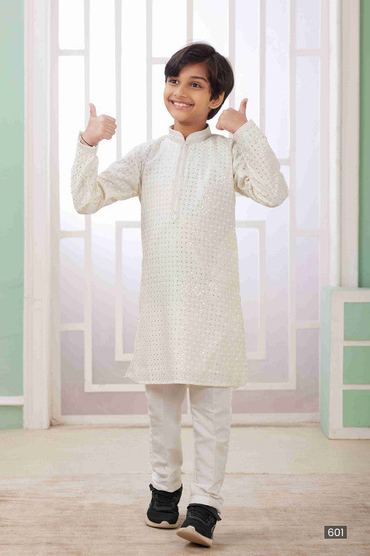 Boy's Cream Art Silk Embroidery Kurta Set