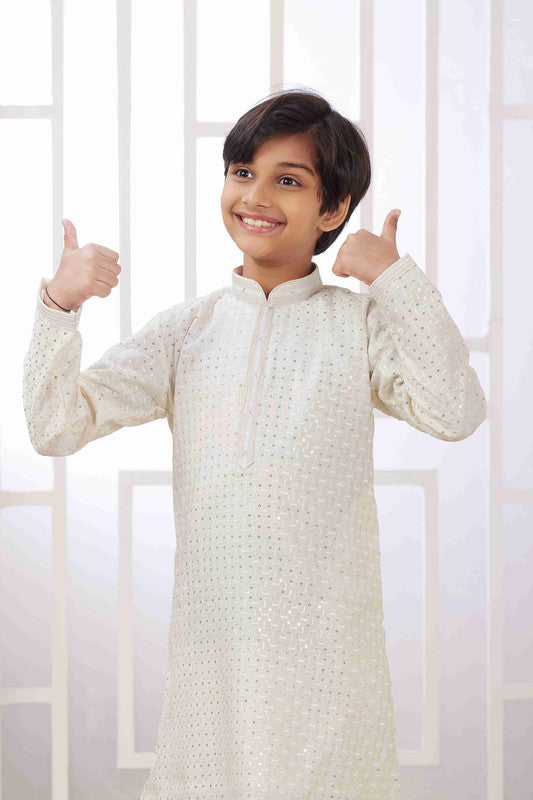 Boy's Cream Art Silk Embroidery Kurta Set