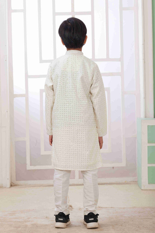 Boy's Cream Art Silk Embroidery Kurta Set