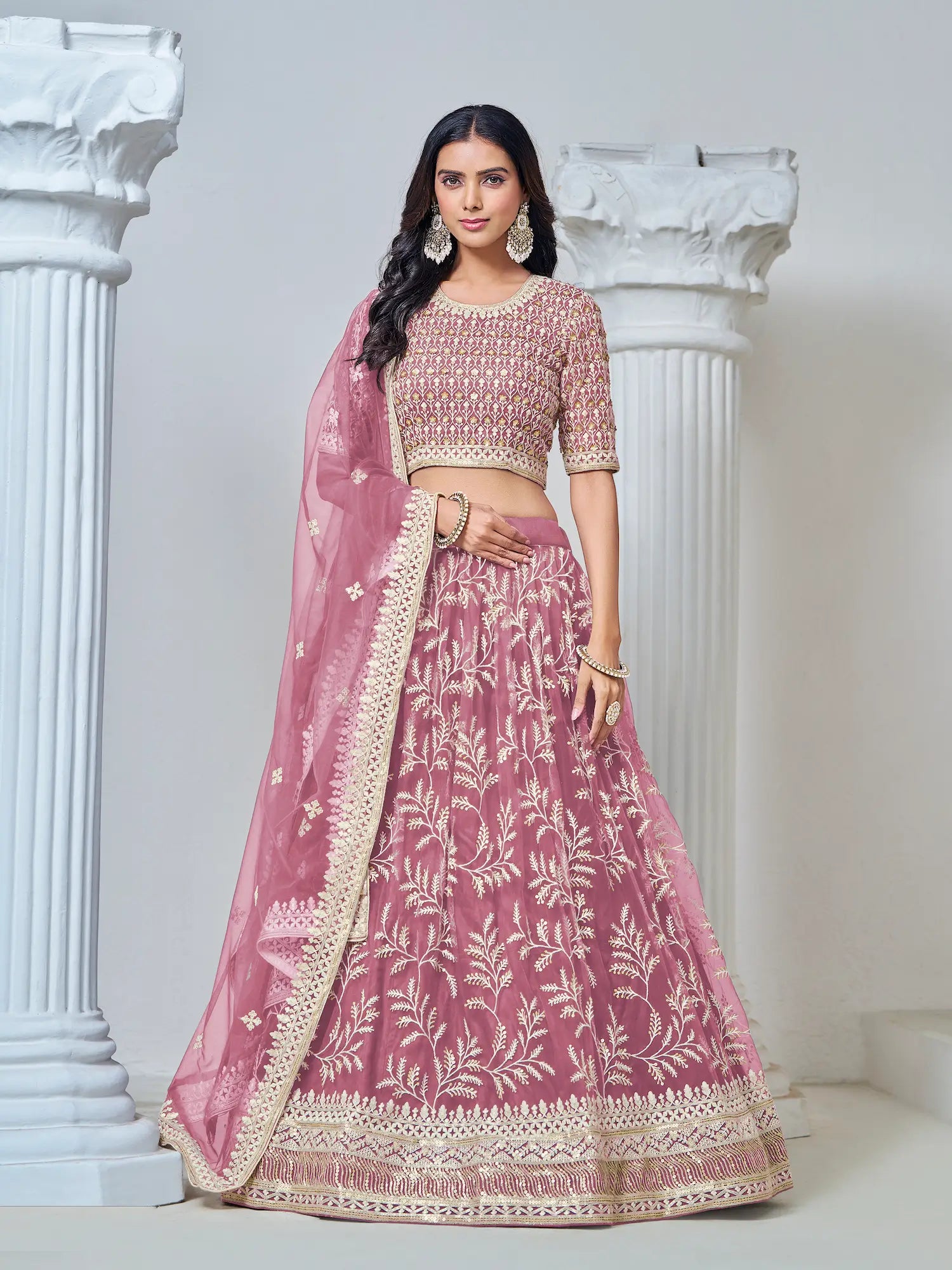 Blush Pink Net Lehenga Choli With Thread & Sequence Embroidery Work - qivii