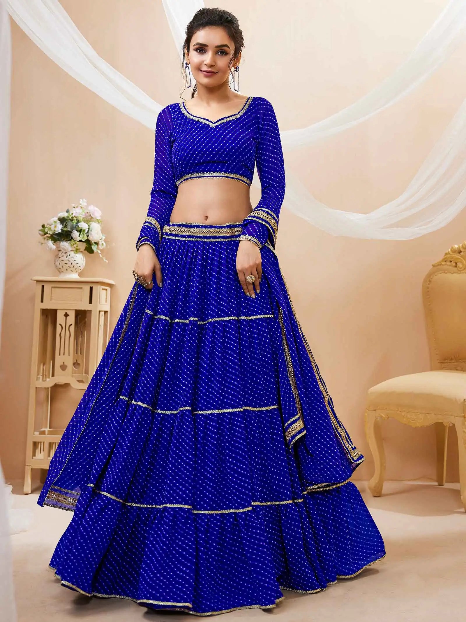 Blue Georgette Leheriya Print Lehenga With Lace All Over Work | Ready To Wear - qivii