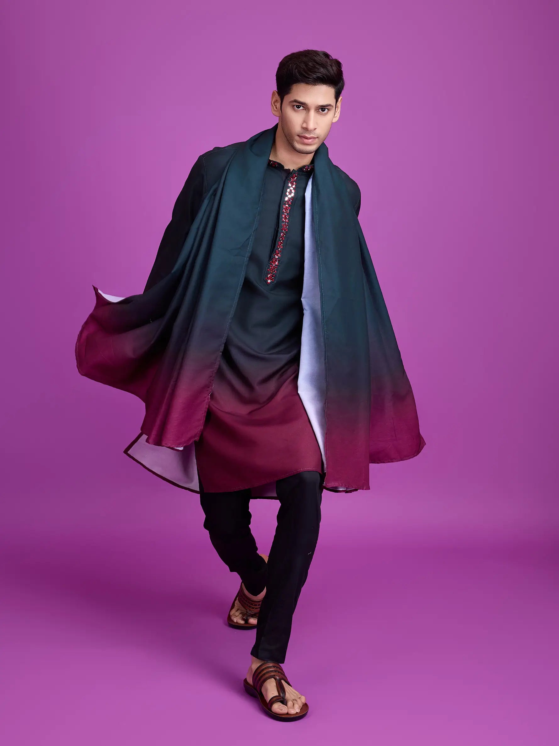 Green & Maroon Rayon Kurta With Hand Mirror Work