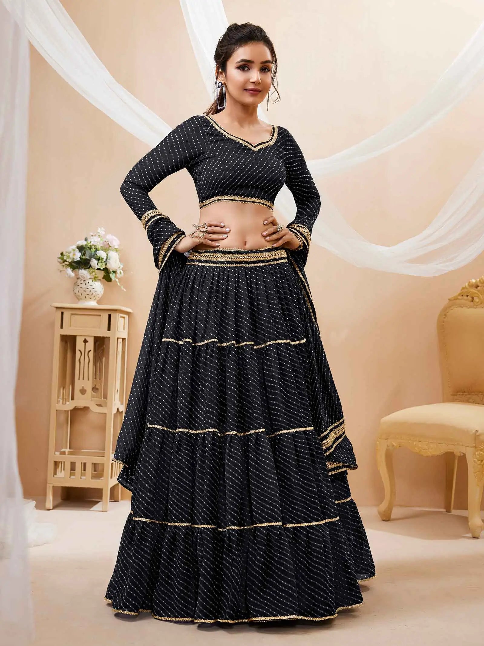 Black Georgette Leheriya Print Lehenga With Lace All Over Work | Ready To Wear - qivii
