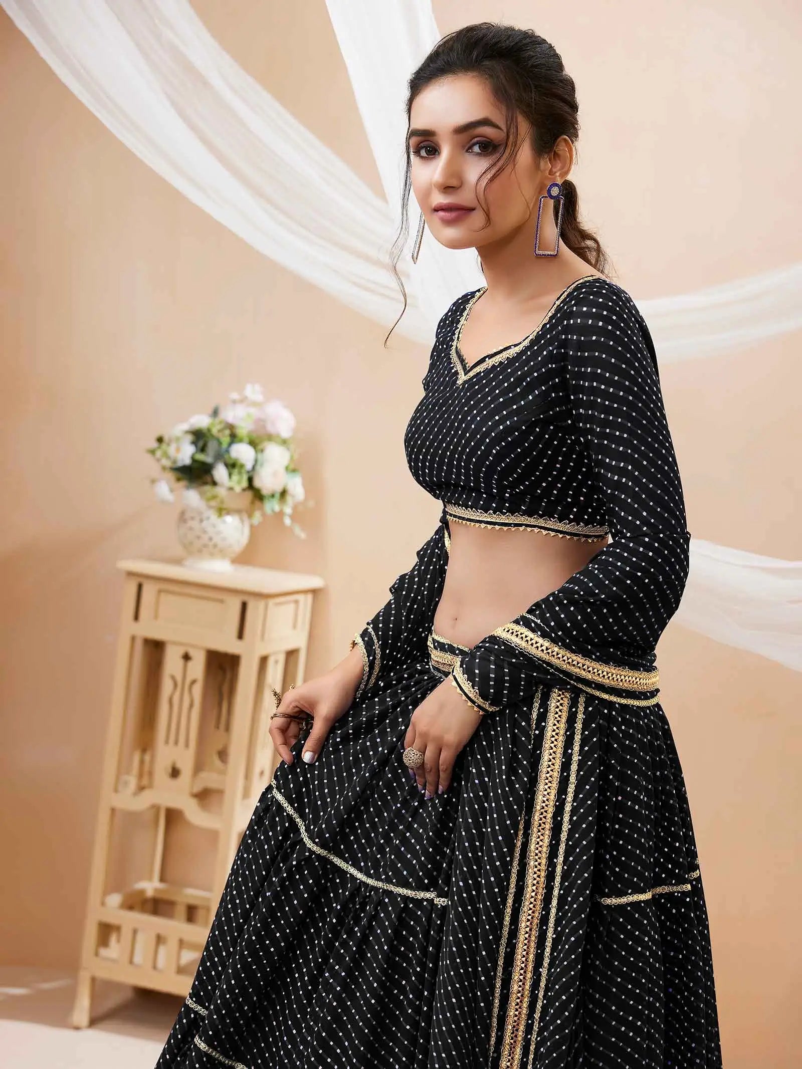 Black Georgette Leheriya Print Lehenga With Lace All Over Work | Ready To Wear - qivii