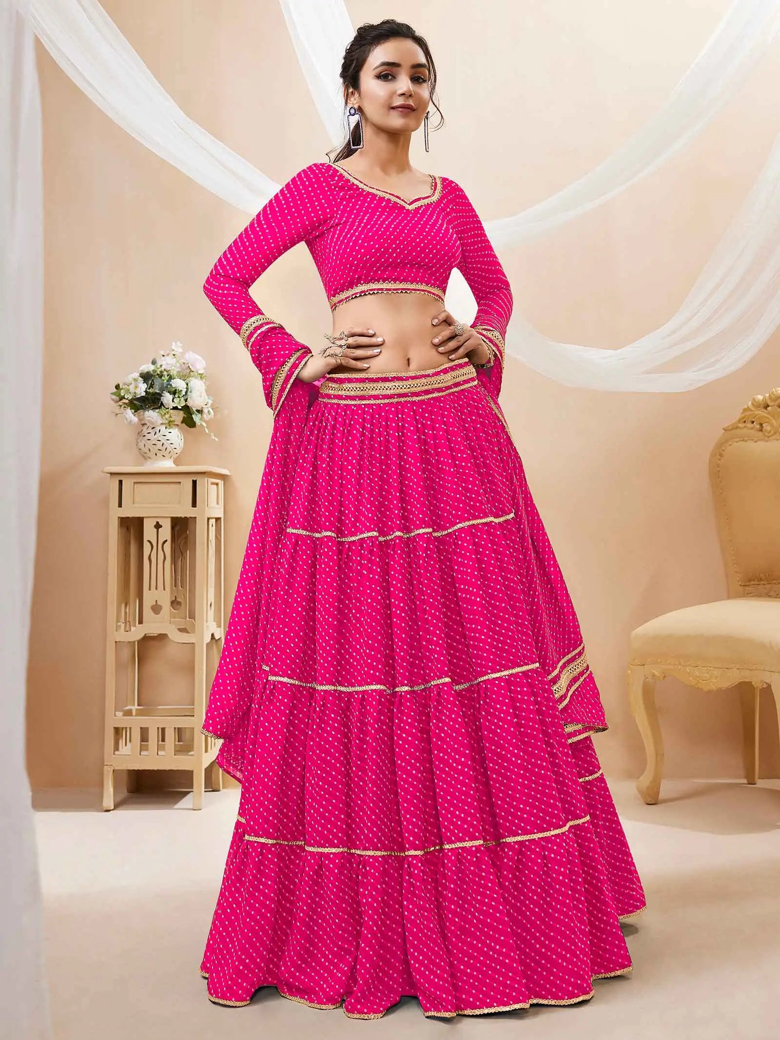 Pink Georgette Leheriya Print Lehenga With Lace All Over Work | Ready To Wear - qivii