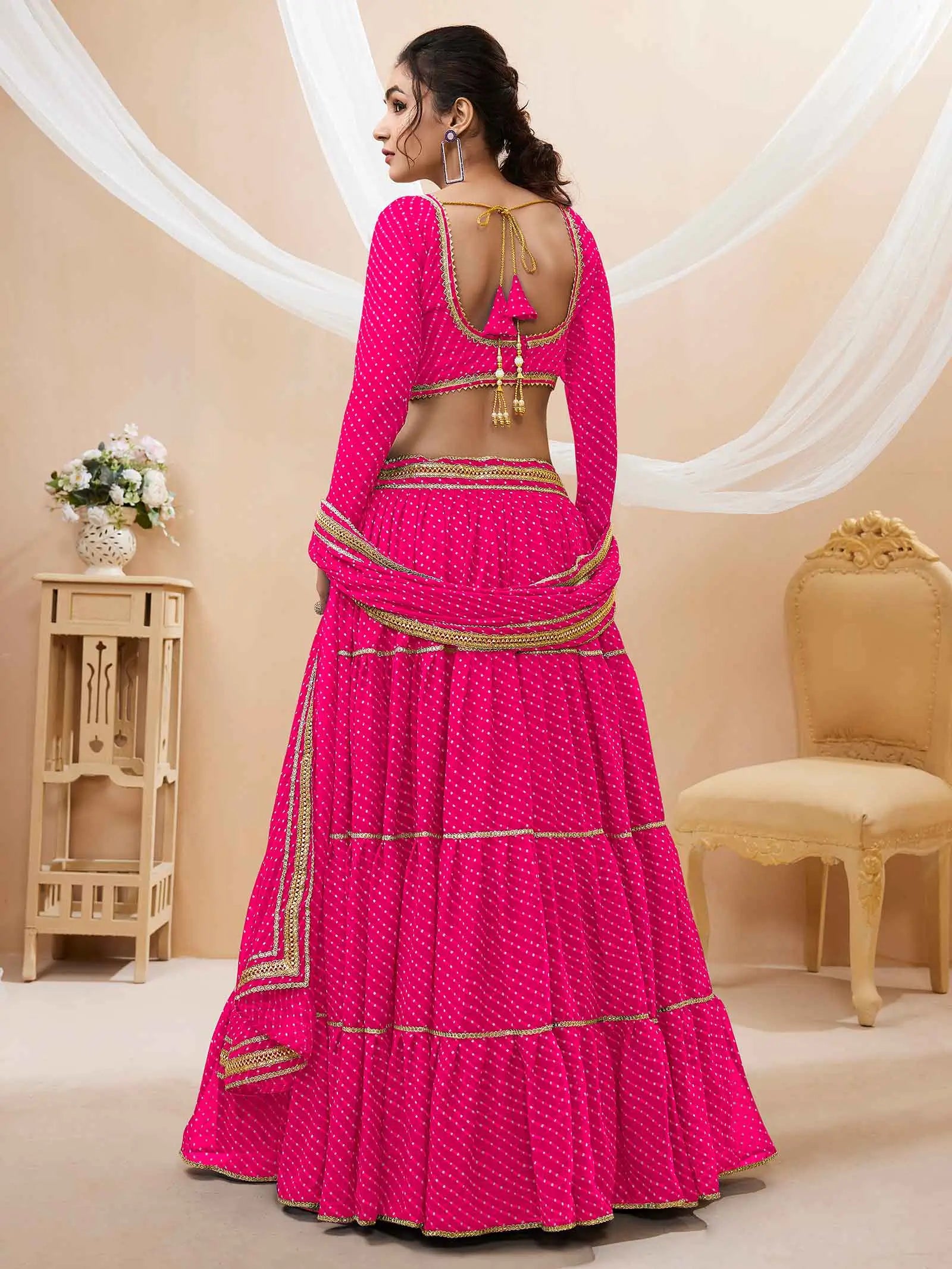 Pink Georgette Leheriya Print Lehenga With Lace All Over Work | Ready To Wear - qivii