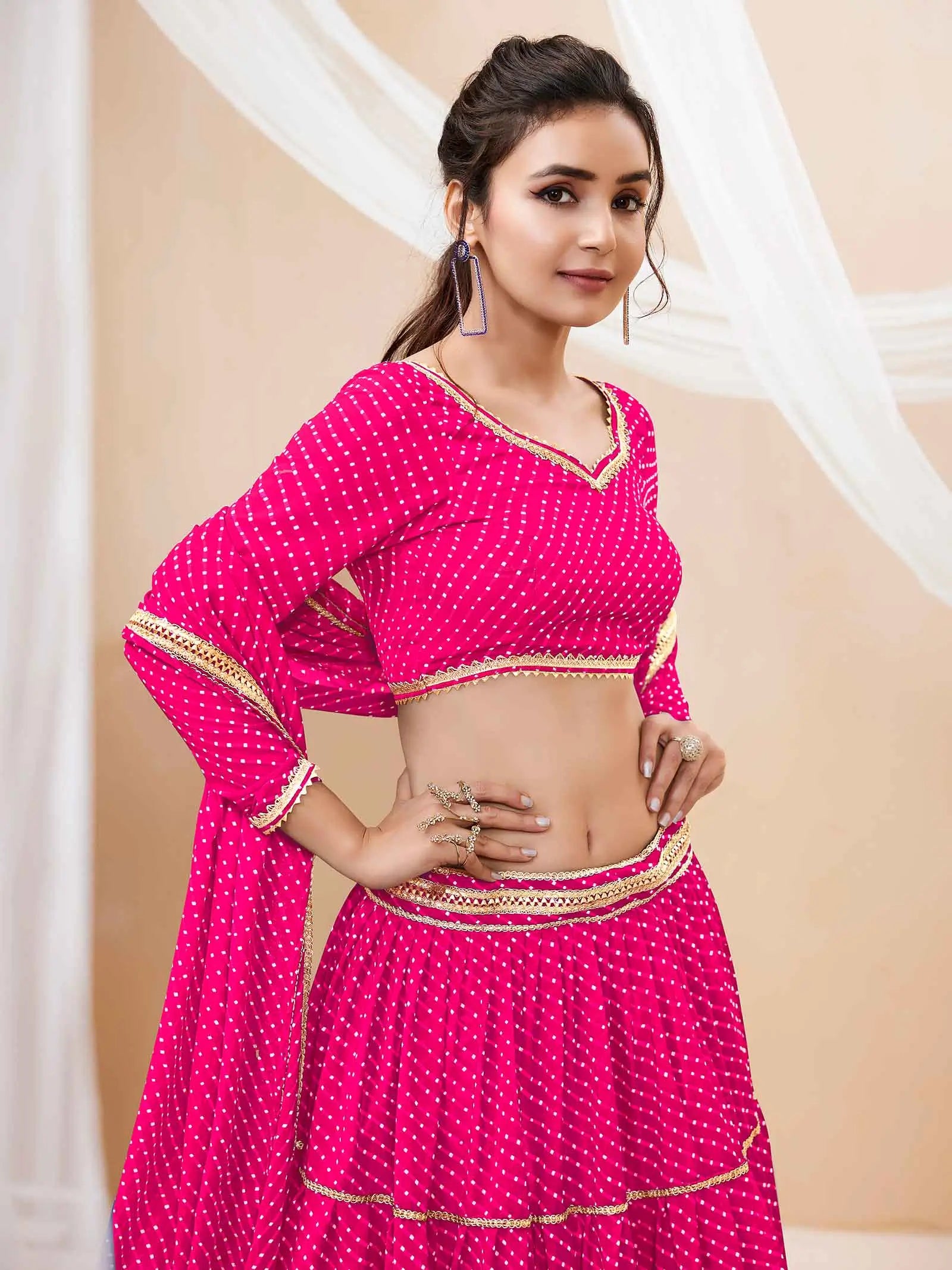 Pink Georgette Leheriya Print Lehenga With Lace All Over Work | Ready To Wear - qivii