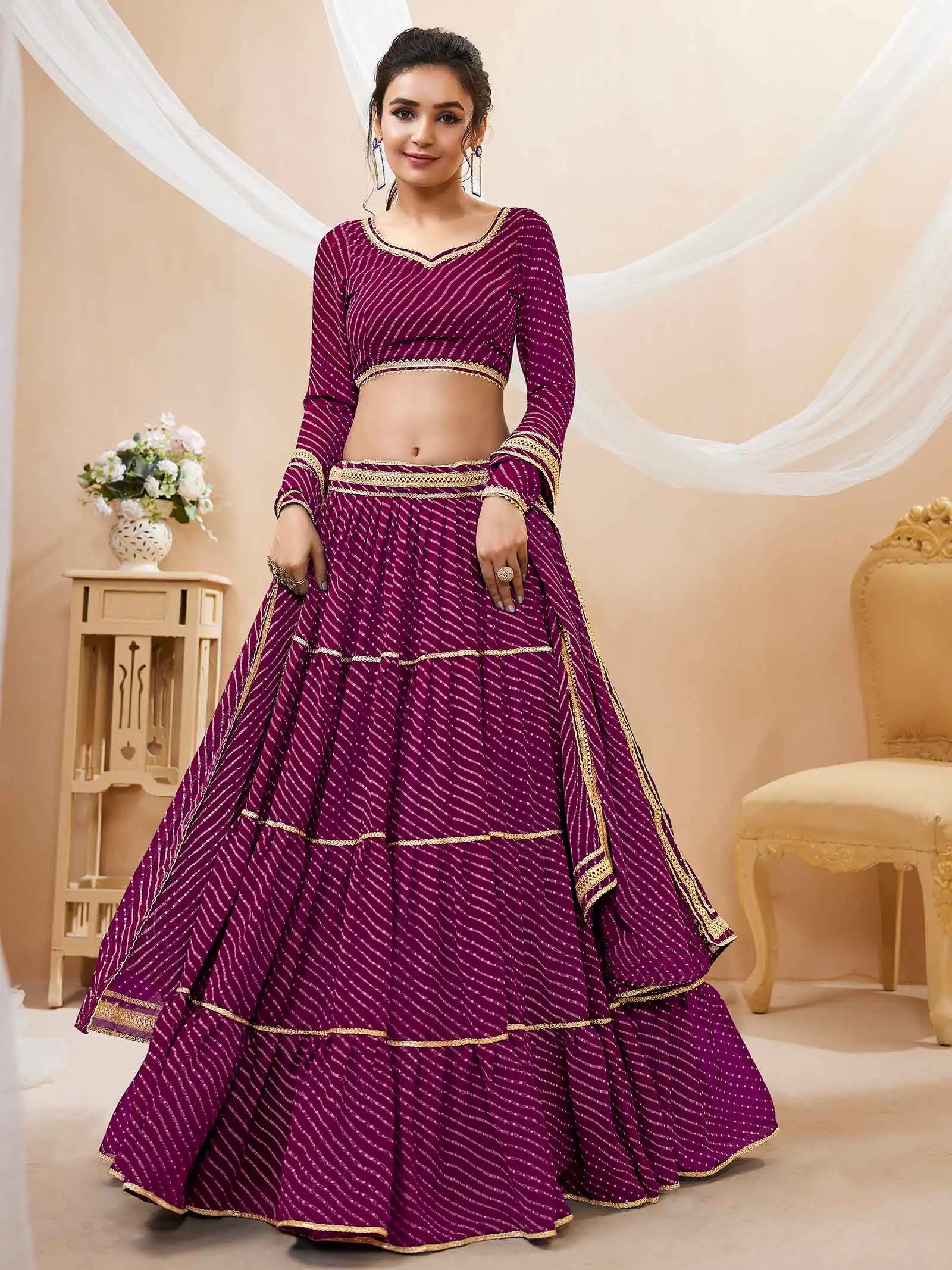 Purple Georgette Leheriya Print Lehenga With Lace All Over Work | Ready To Wear - qivii
