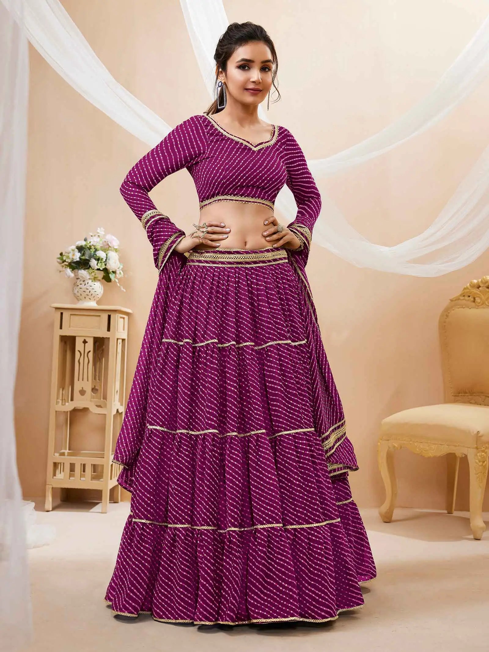 Purple Georgette Leheriya Print Lehenga With Lace All Over Work | Ready To Wear - qivii