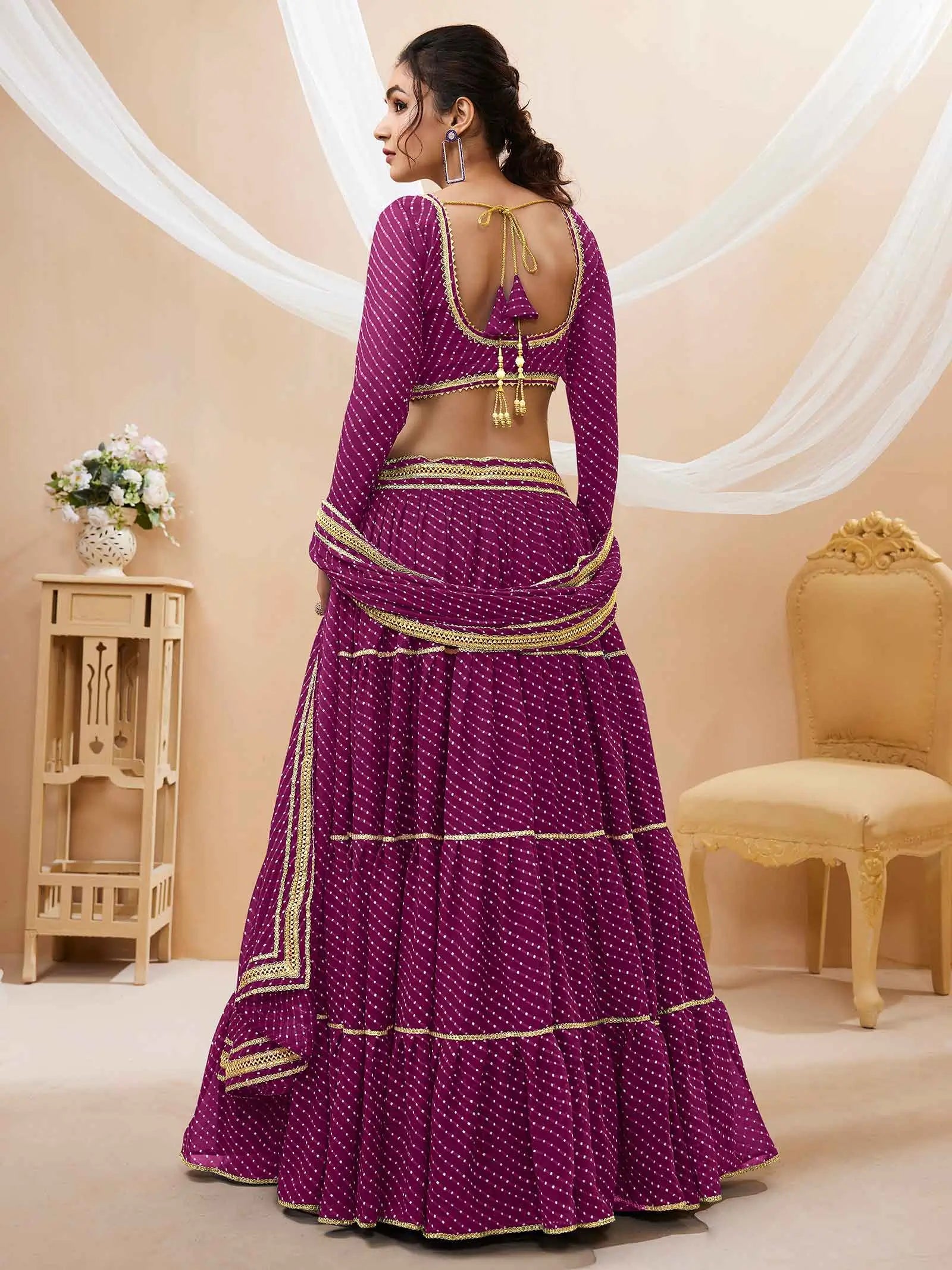 Purple Georgette Leheriya Print Lehenga With Lace All Over Work | Ready To Wear - qivii