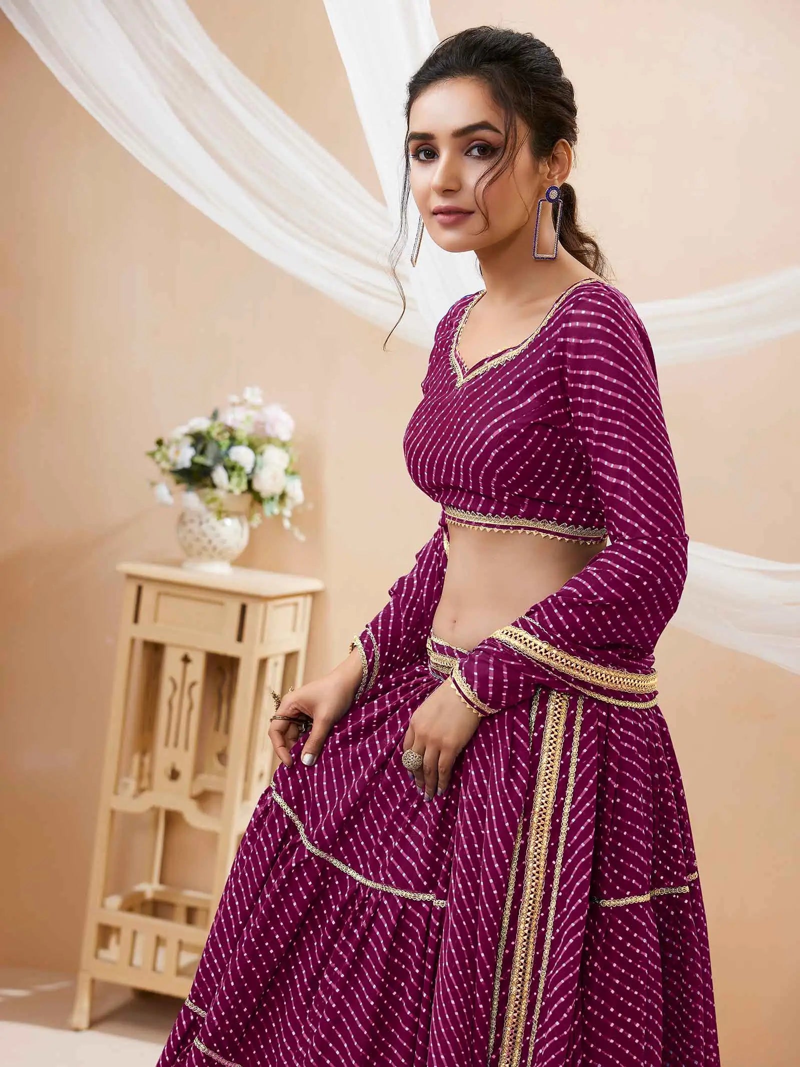 Purple Georgette Leheriya Print Lehenga With Lace All Over Work | Ready To Wear - qivii