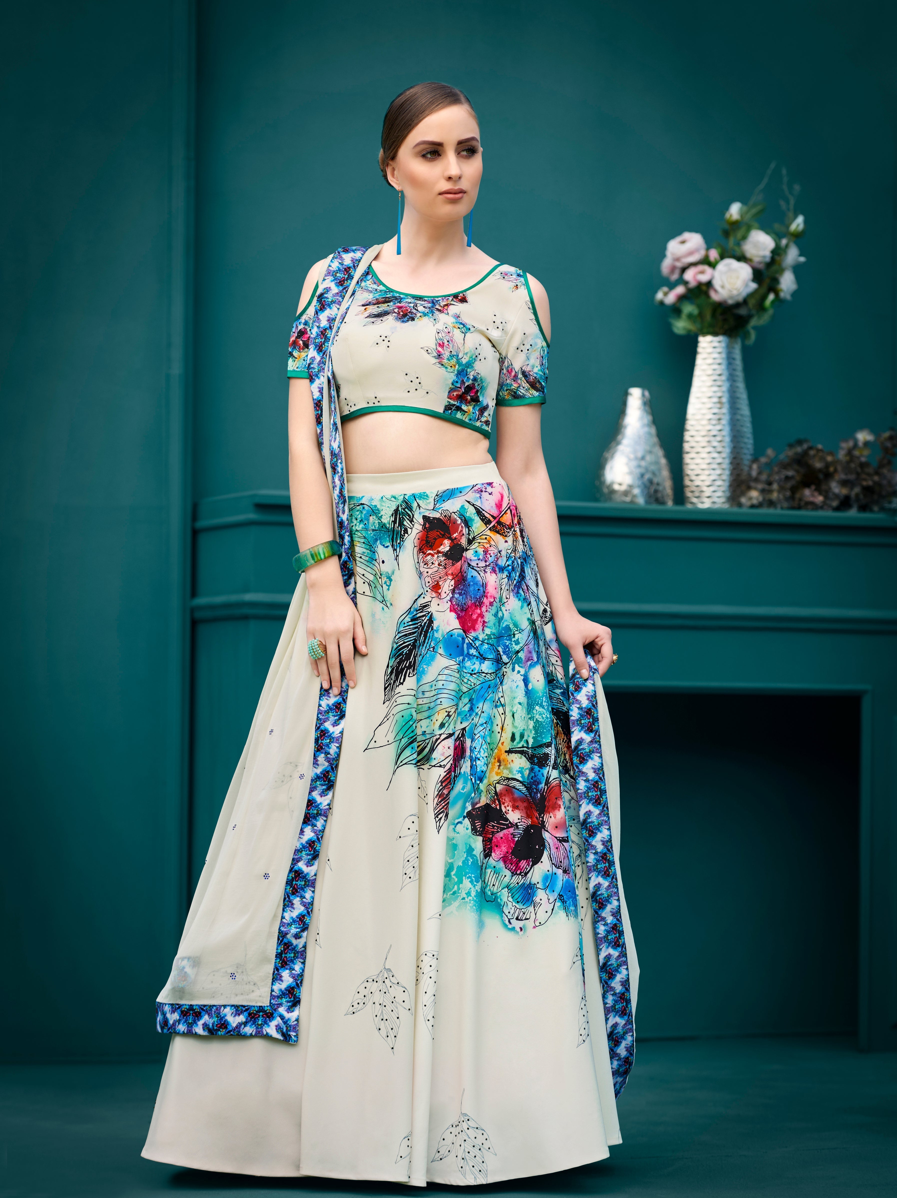 Floral Symphony Digital Print Lehenga. - qivii