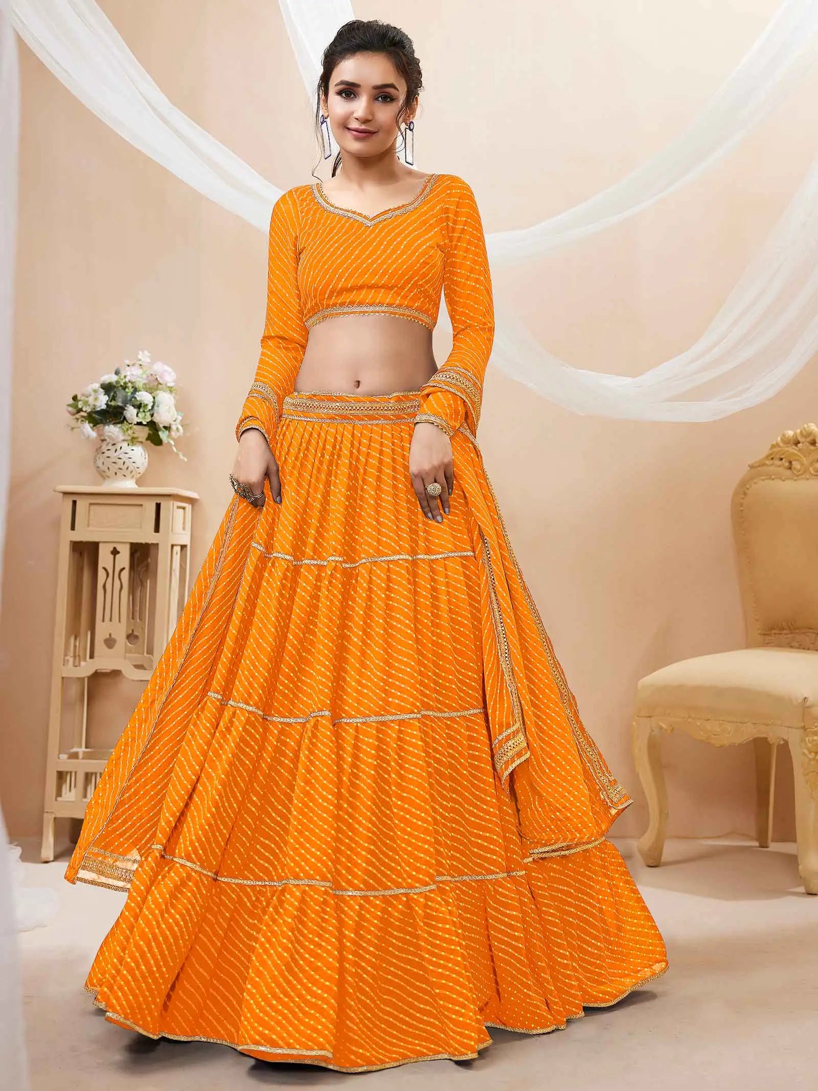 Yellow Georgette Leheriya Print Lehenga With Lace All Over Work | Ready To Wear - qivii