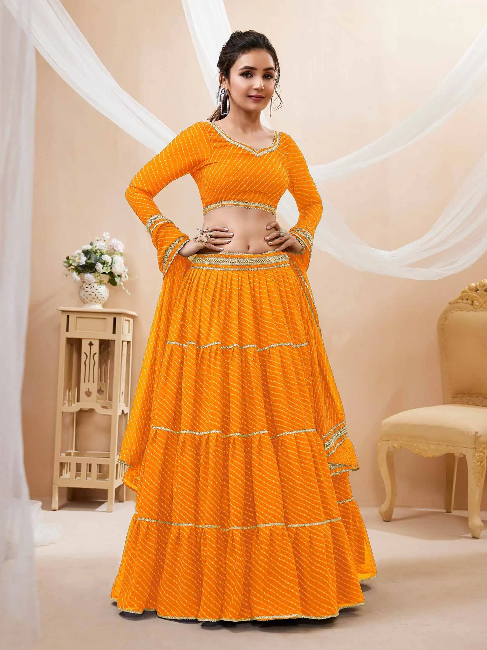 Yellow Georgette Leheriya Print Lehenga With Lace All Over Work | Ready To Wear - qivii