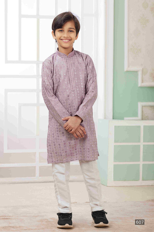 Boy's Lilac Art Silk Embroidery Kurta Set