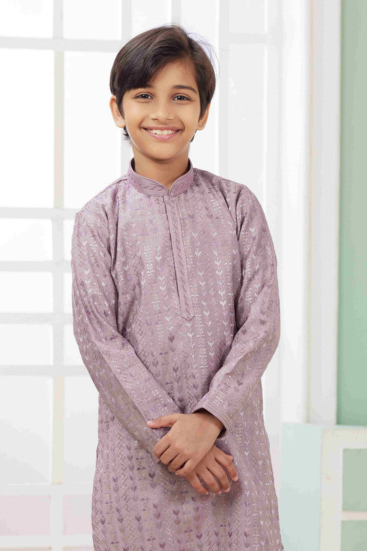 Boy's Lilac Art Silk Embroidery Kurta Set