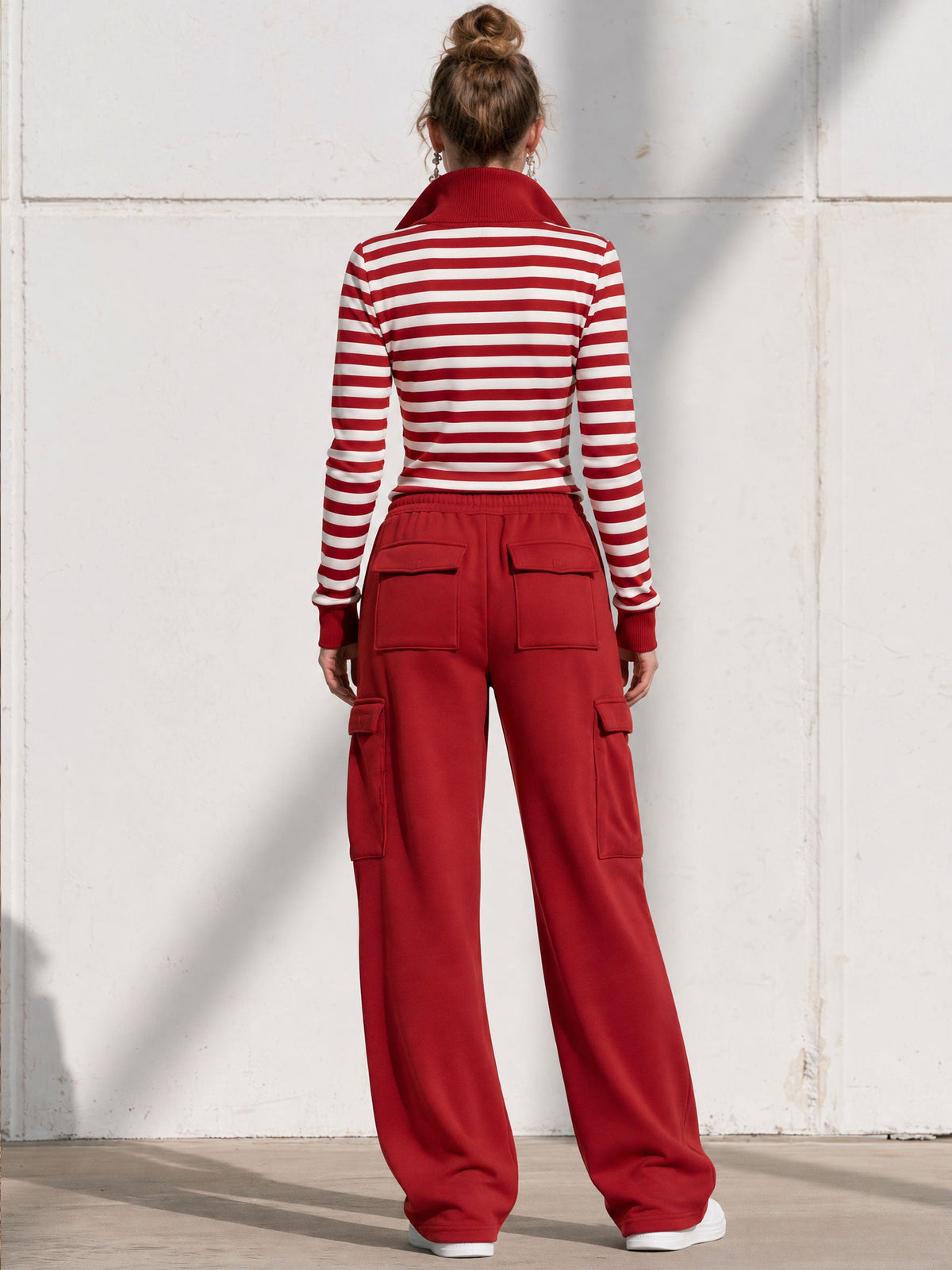 Fashionable Sporty Striped Sweatshirt And Red Cargo Pants Set With Half-zip - By Qivii