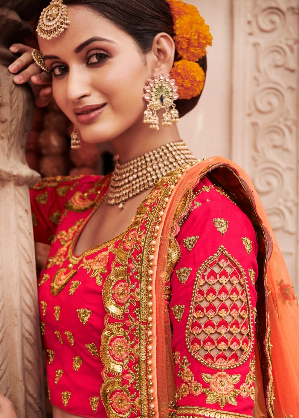 Punch Pink Silk Bridal Lehenga Choli with Heavy Thread Embroidery and Stone work | Ready To Wear - qivii