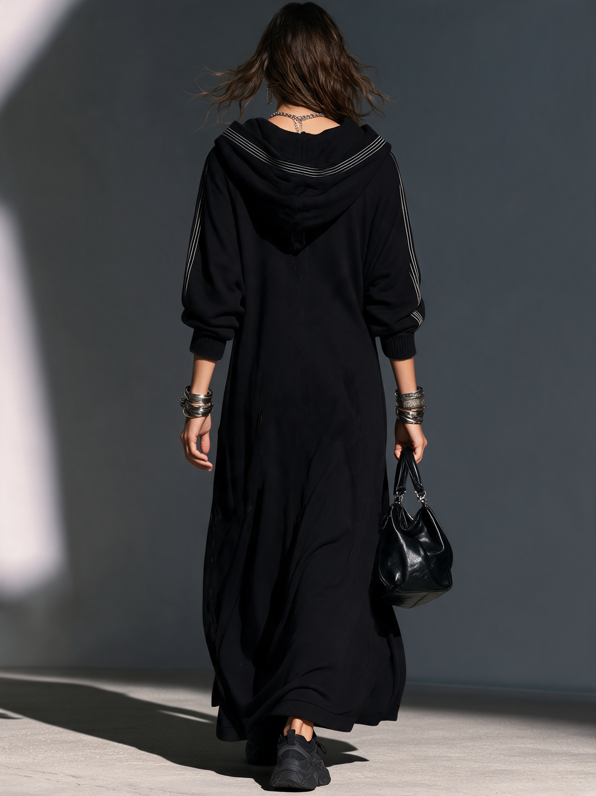 Women's Casual Black Long-Sleeve Hooded Long Coat In Sweatshirt Fabric