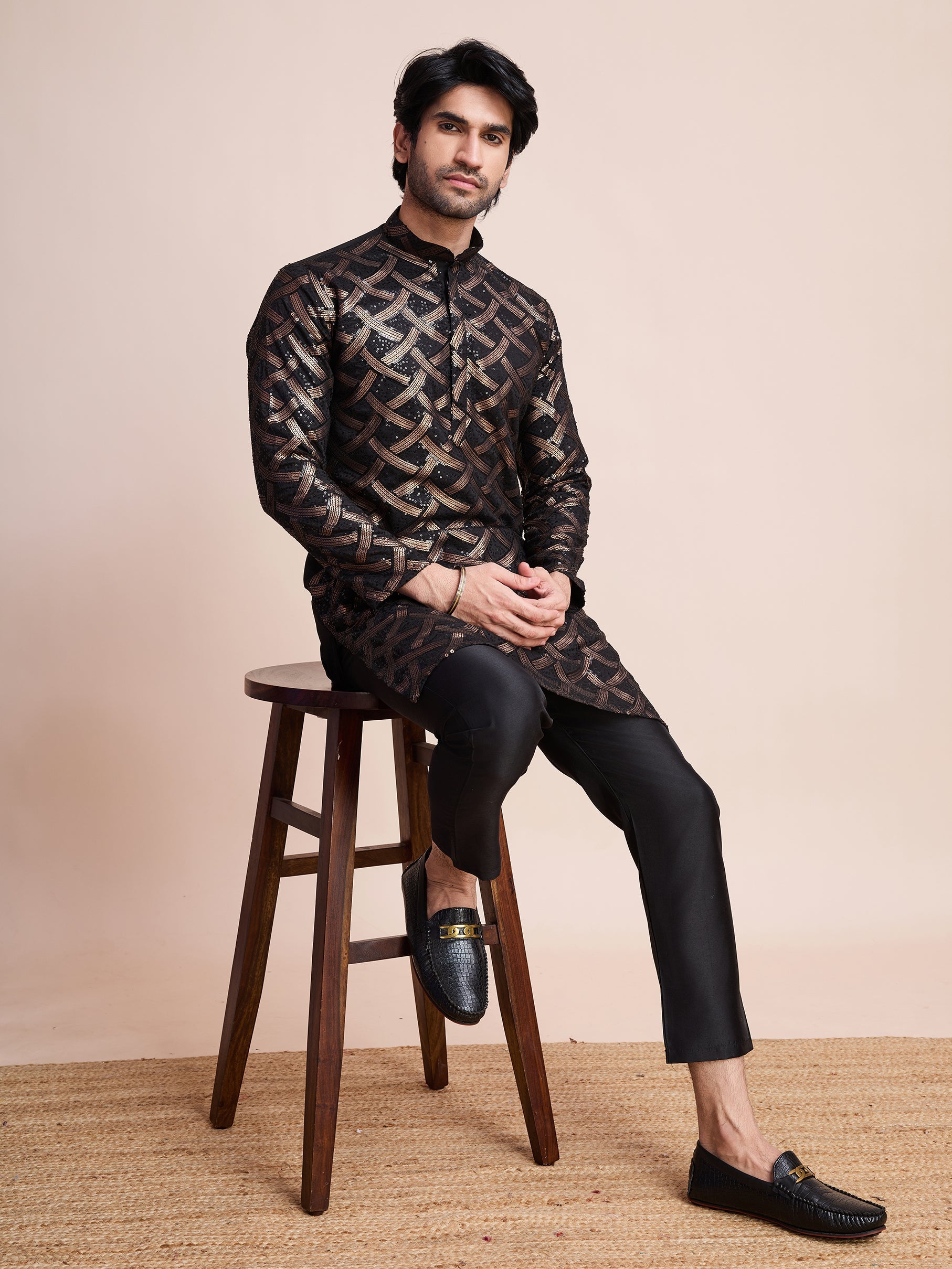 BLACK SILK THREAD & SEQUENCE EMBROIDERED WORK KURTA - qivii