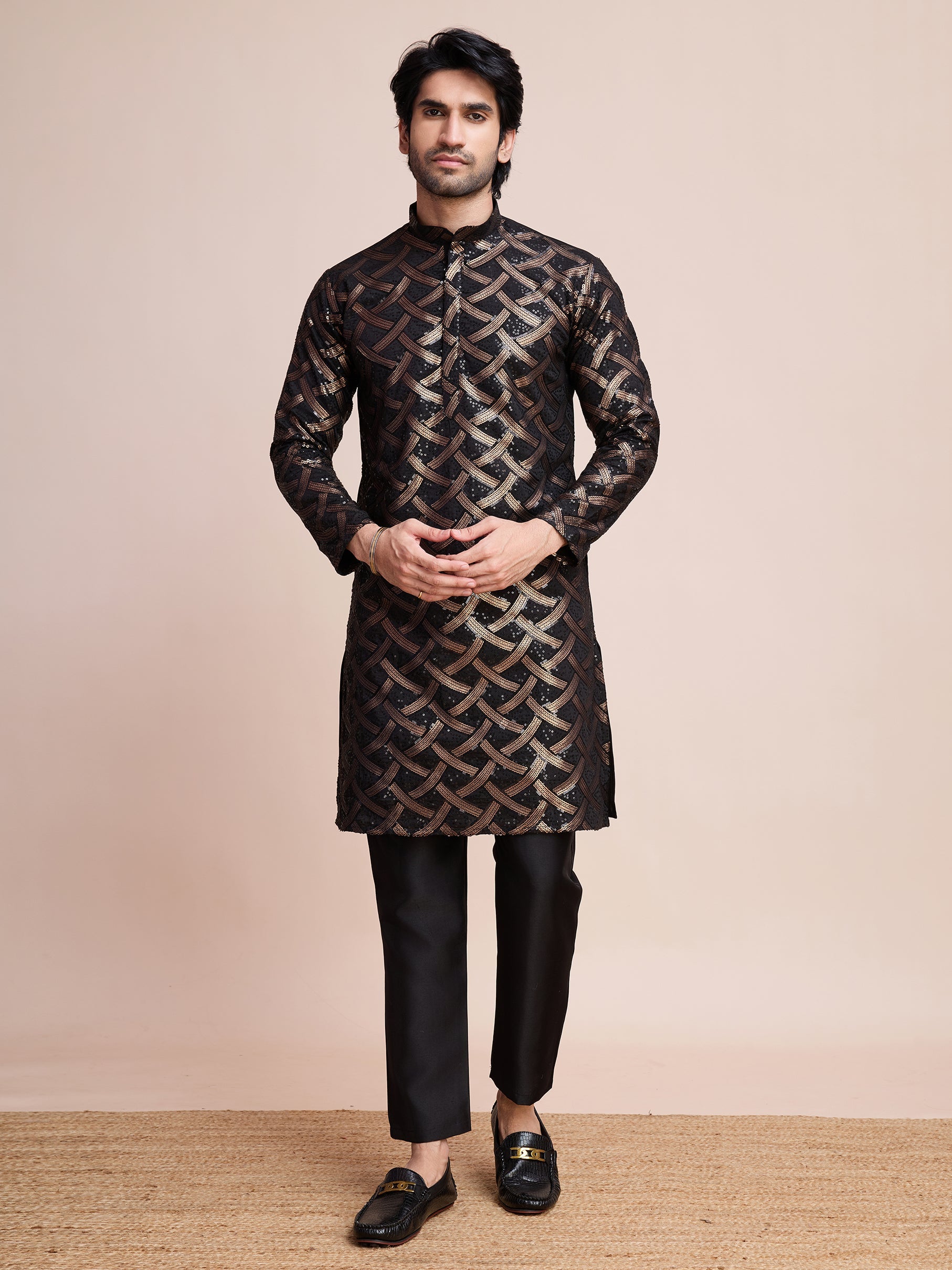 BLACK SILK THREAD & SEQUENCE EMBROIDERED WORK KURTA - qivii