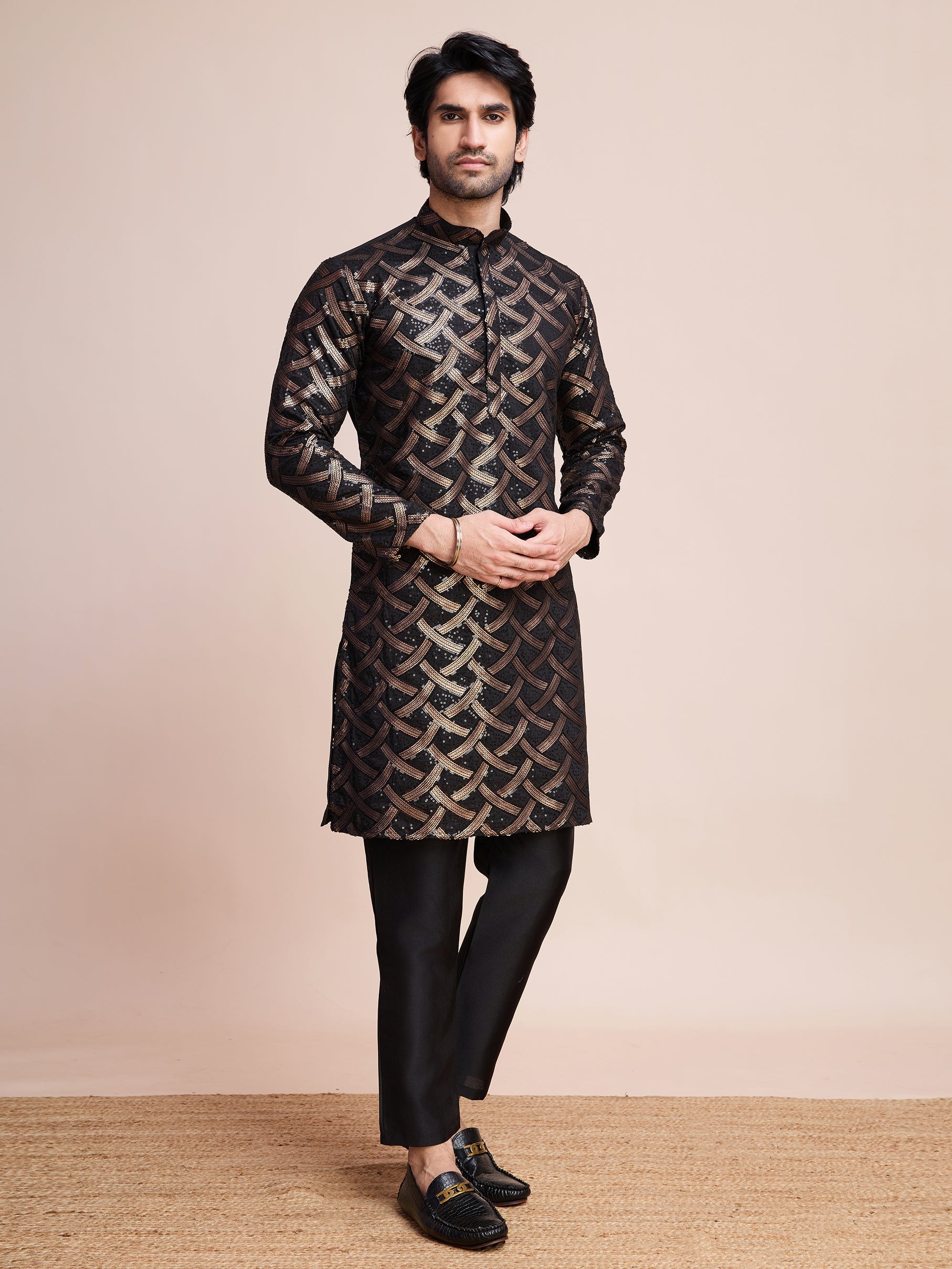BLACK SILK THREAD & SEQUENCE EMBROIDERED WORK KURTA - qivii